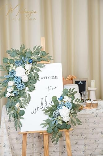 Miniatura 9 de Muhanjia Letrero de boda con estampado de flores sintéticas (paquete de 2) para ceremonia, fiesta, recepción, entrada, decoración floral, caballete