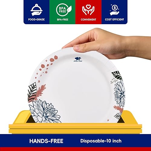 Miniatura 2 de JOLLY CHEF 140 platos de papel de 10 pulgadas, a prueba de remojo, a prueba de cortes, platos de papel desechables con estampado de flores