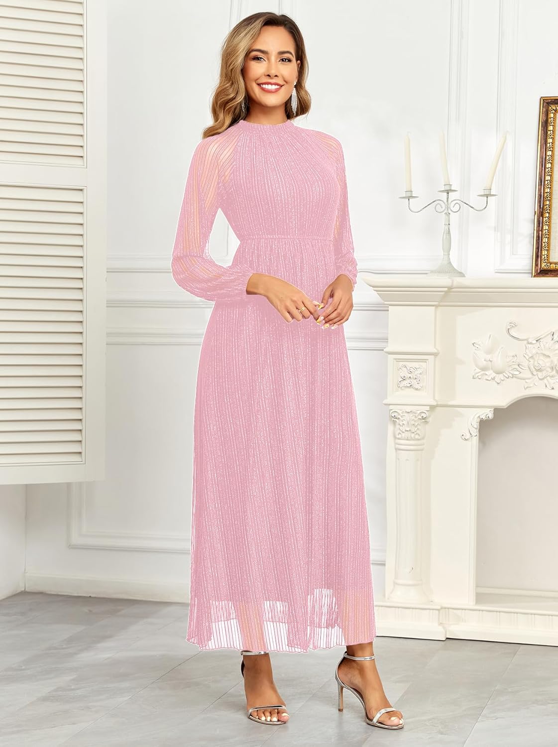AISWI Maternity Sparkly Dress Halter Neck A Line Long-Sleeve Raglan Pregnancy Dresses Semi Formal Baby Shower Photoshoot