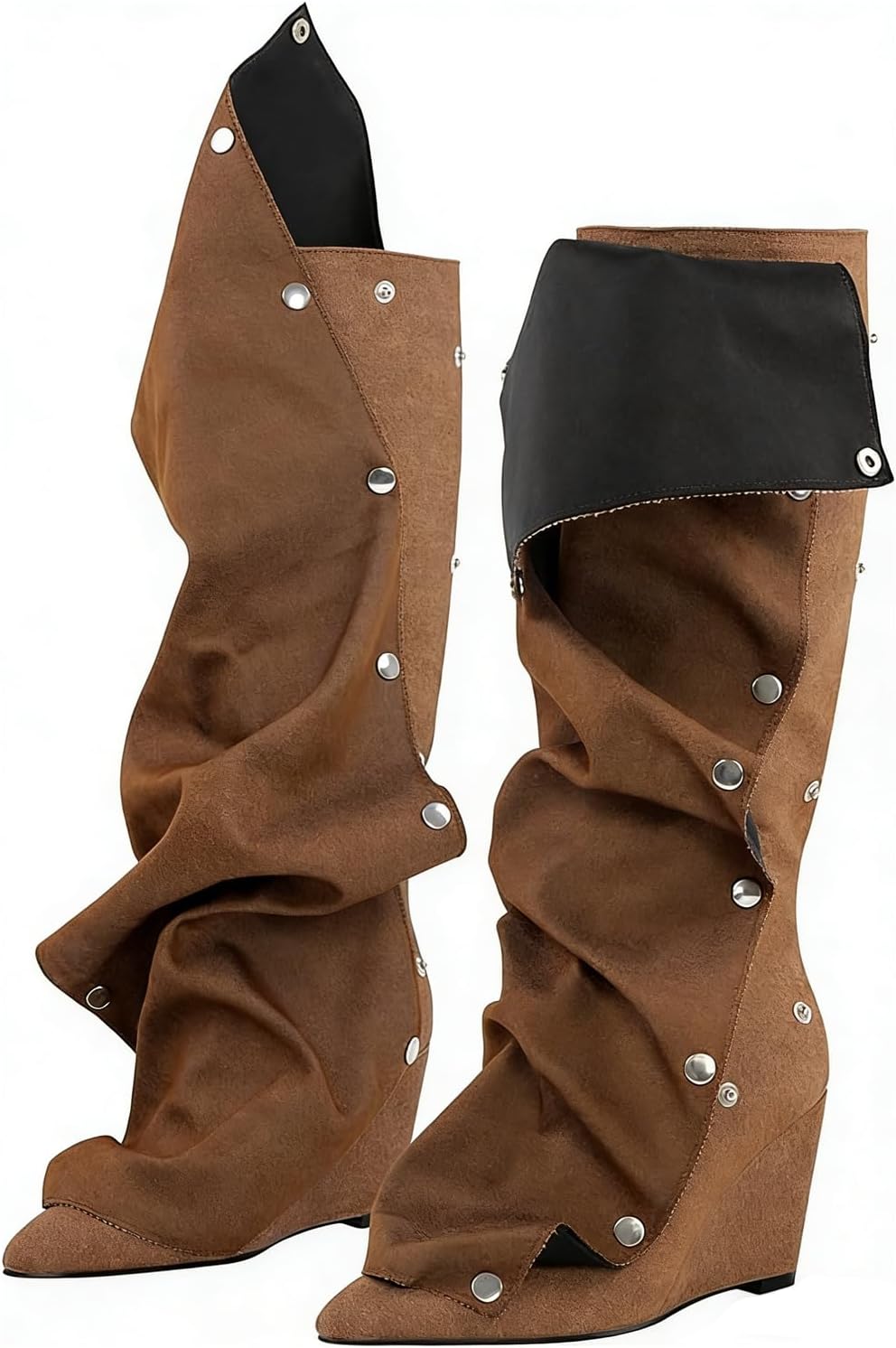 Women's Wedge Heel Knee High Slouchy Foldover Buttons Boots