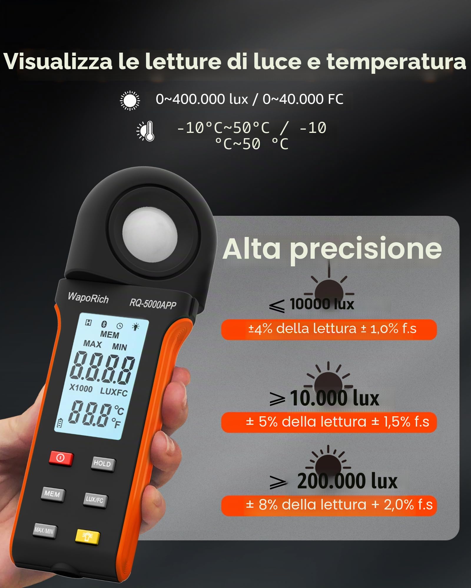 Luxmetro Bluetooth Professionale, WapoRich Misuratore di Luce Digitale Misura 1~400.000 Lux/FC con Temp Ambientale e Schermo Retroilluminato per Piante, Esposimetro Fotografico e Luci LED - RQ-5000APP