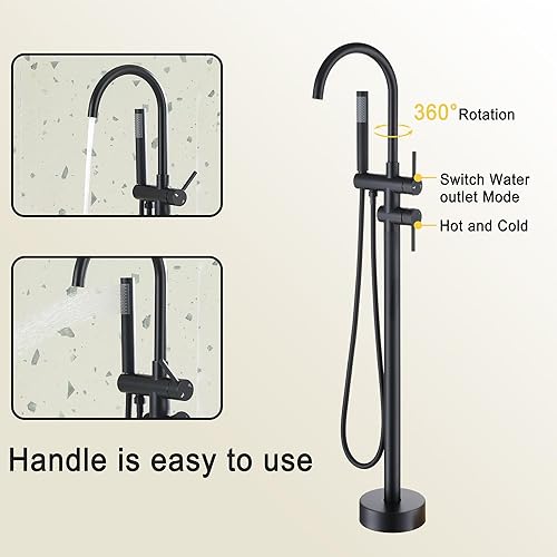 Miniatura 3 de Grifo de bañera independiente negro montado en el suelo, grifo de ducha con cabezal de ducha de mano, boquilla de pie, grifo de bañera de ducha,