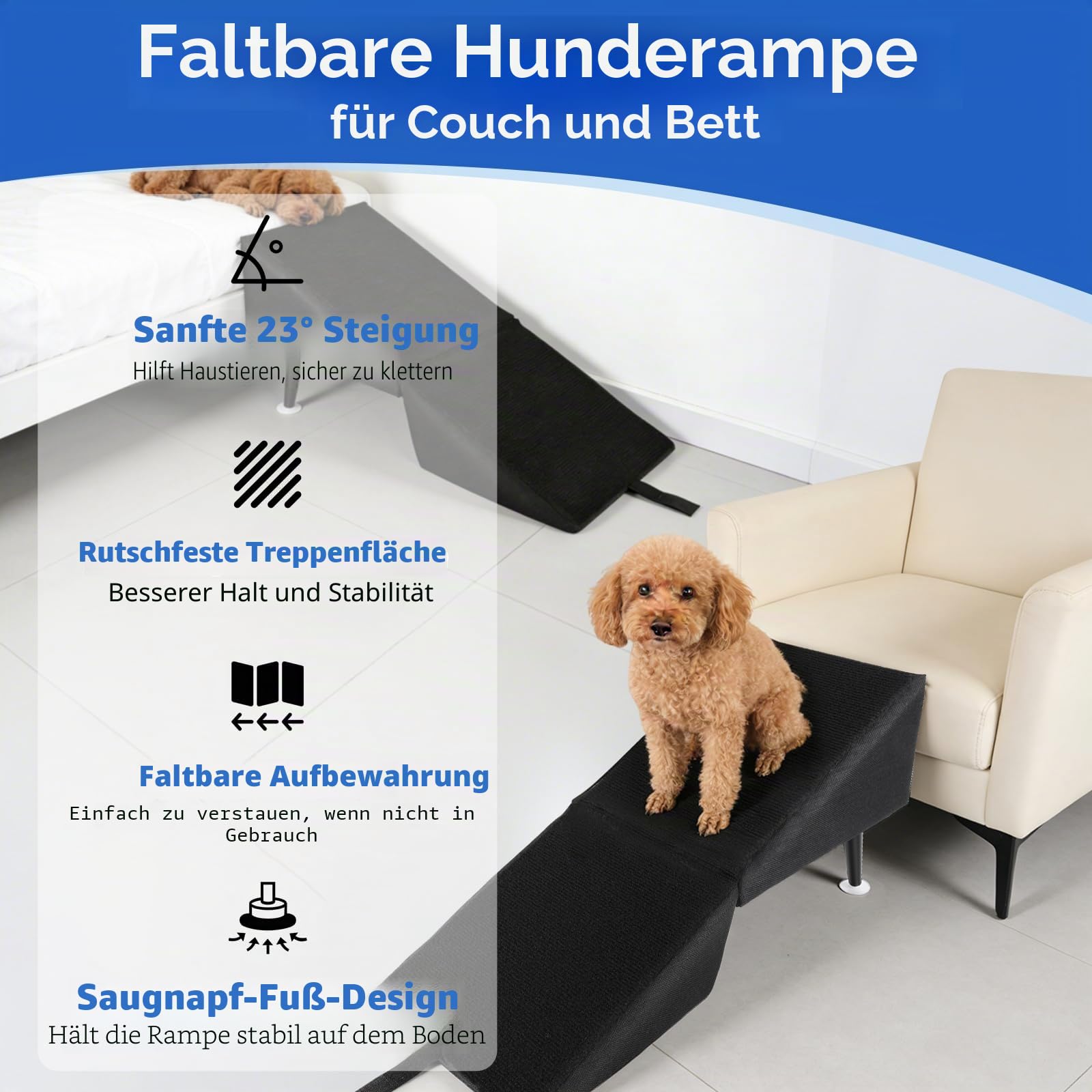 Hundetreppe Klappbar, rutschfeste Hunderampe & Weiche Haustiertreppe