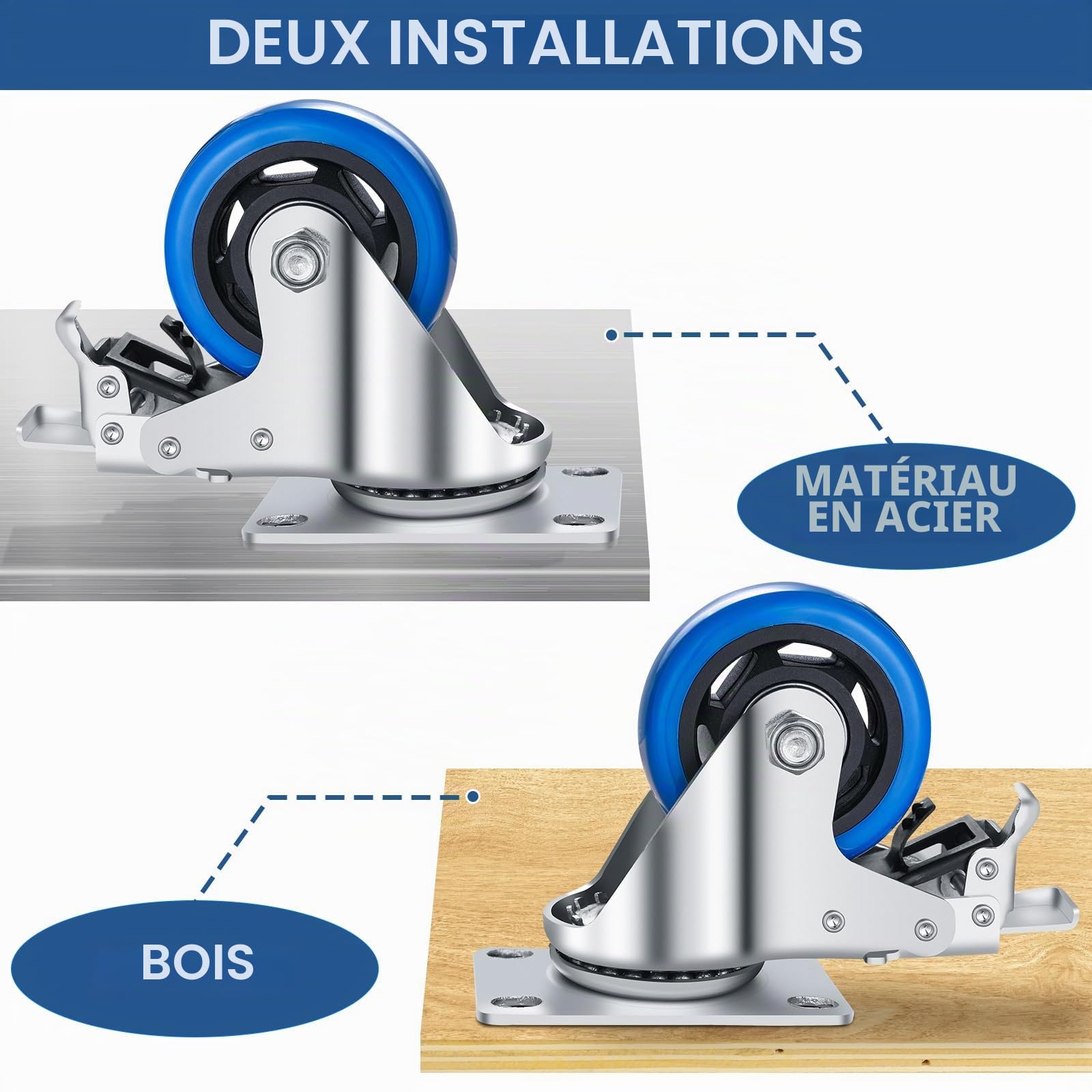 Roulettes Pivotantes 125 mm avec 4 Freins, Pack de 4 Charge Lourde 600kg