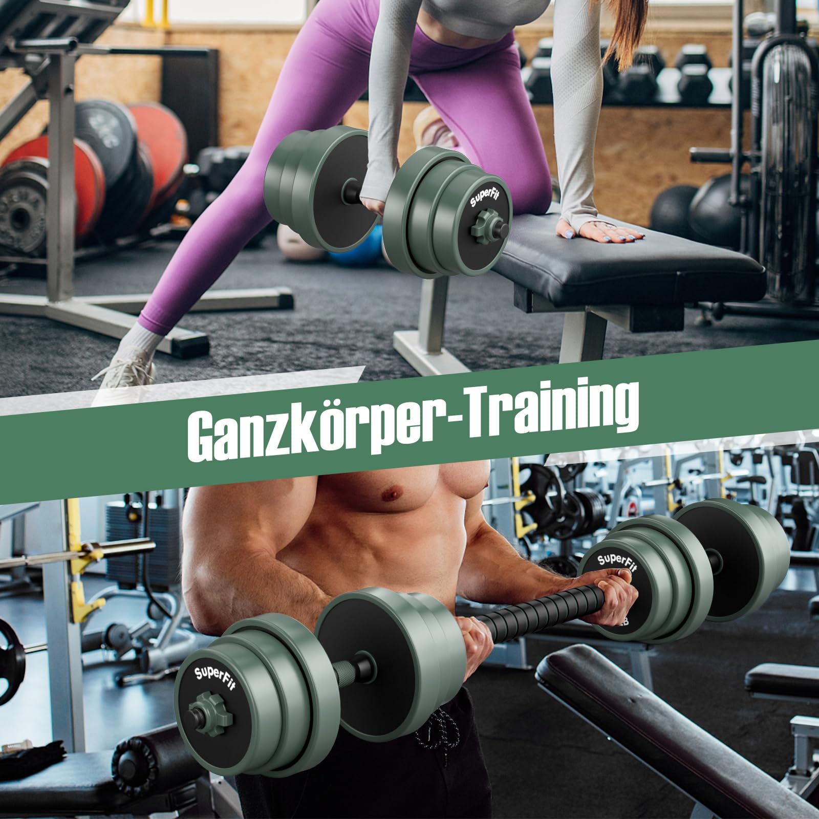 COSTWAY Zestaw hantli 4 w 1, 20 kg, zestaw hantli regulowanych, w tym hantle ze sztucznego hantla, długie hantle kettlebells i pompki, zestaw hantli z rurą łączącą do treningu siłowego, domu, na