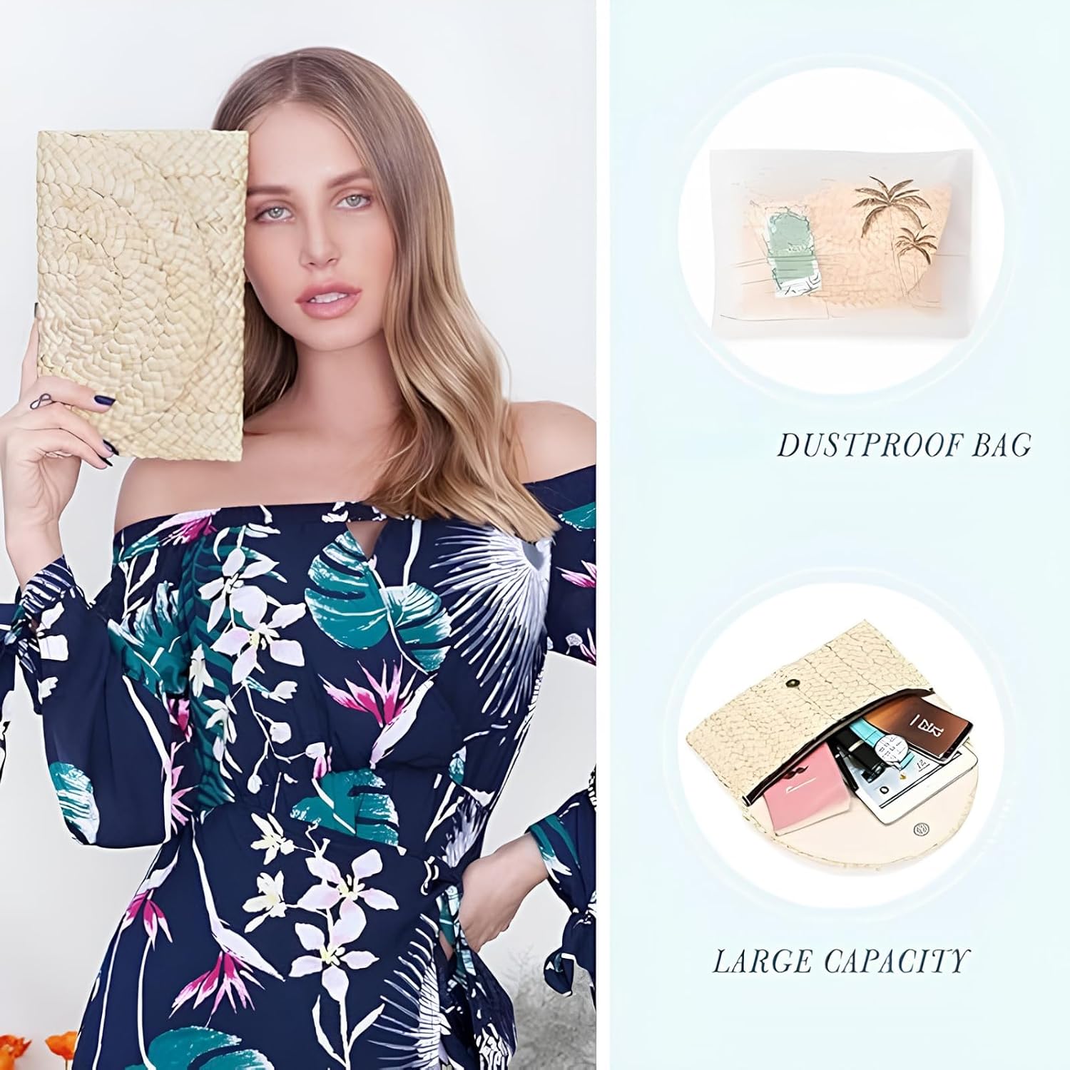 Straw Clutch Purse, Women Straw Envelope Bag Wallet Summer Beach Handbag Beach Clutch Purse