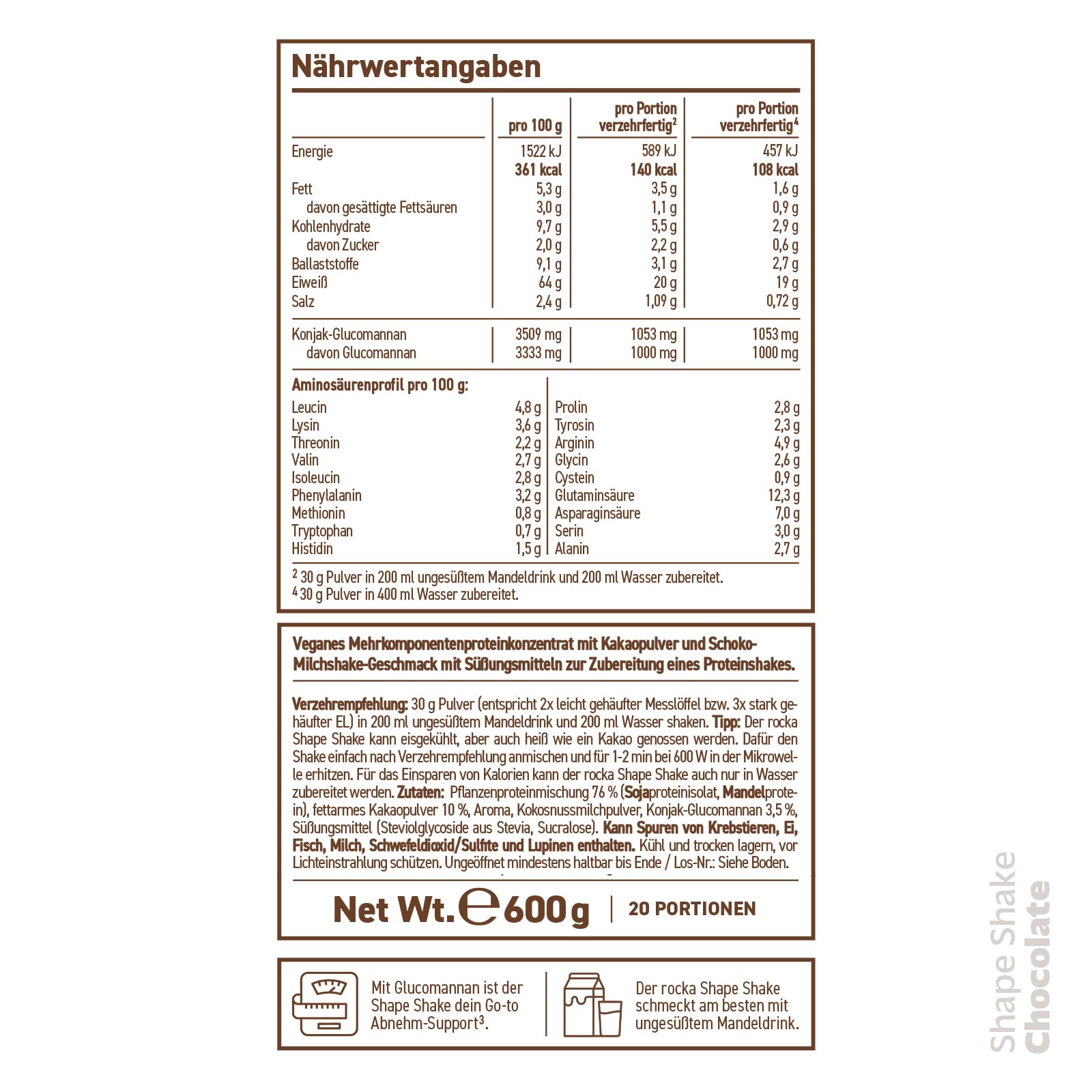 Rocka Nutrition Shape Shake veganes Proteinpulver mit Glucomannan | Veganer Protein Shake mit Ballaststoff zum Abnehmen | Daily Weight Loss Support | 100% Geschmack (600 g, Chocolate Milkshake)