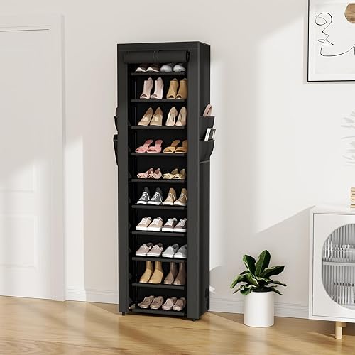 Miniatura 2 de VTRIN - Zapatero alto, organizador estrecho y vertical para armario o recibidor, 10 niveles, cubierta no tejida, contiene 20-22 pares de zapatos
