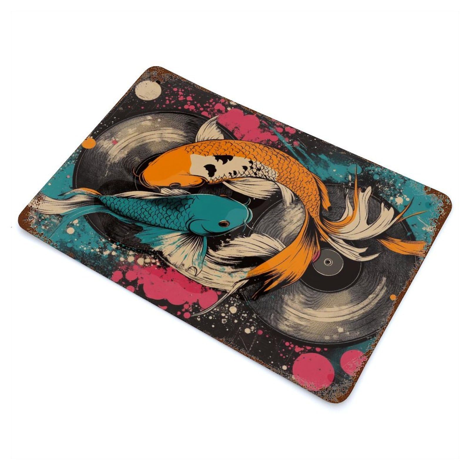 Retro Metal Sign with Koi Fish Vinyl Art Yin Yang Koi Fish Vibrant Abstract Design Design 11.8"x7.9", for Shed, Workshop And Garage Wall Decor, Industrial Home Decor