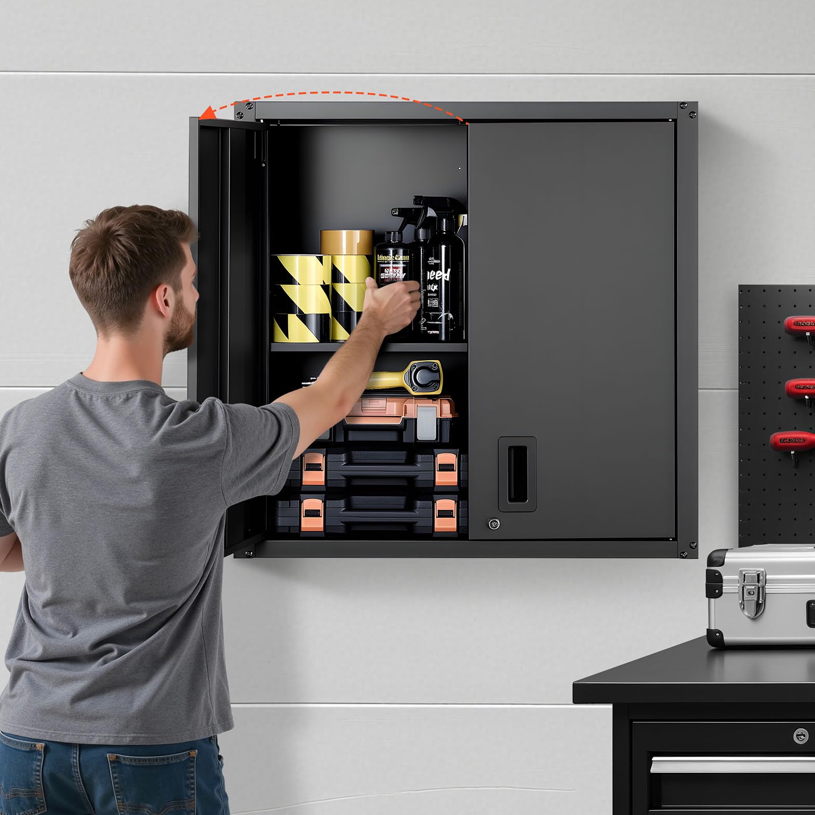 VEVOR Armario de Pared para Taller, 762 x 310 x 762 mm, Armario de Herramientas de Metal Colgante de Pared, con Puerta con Cerradura, Capacidad de 108,86 kg, para Garaje, Sótano y Almacén, Negro