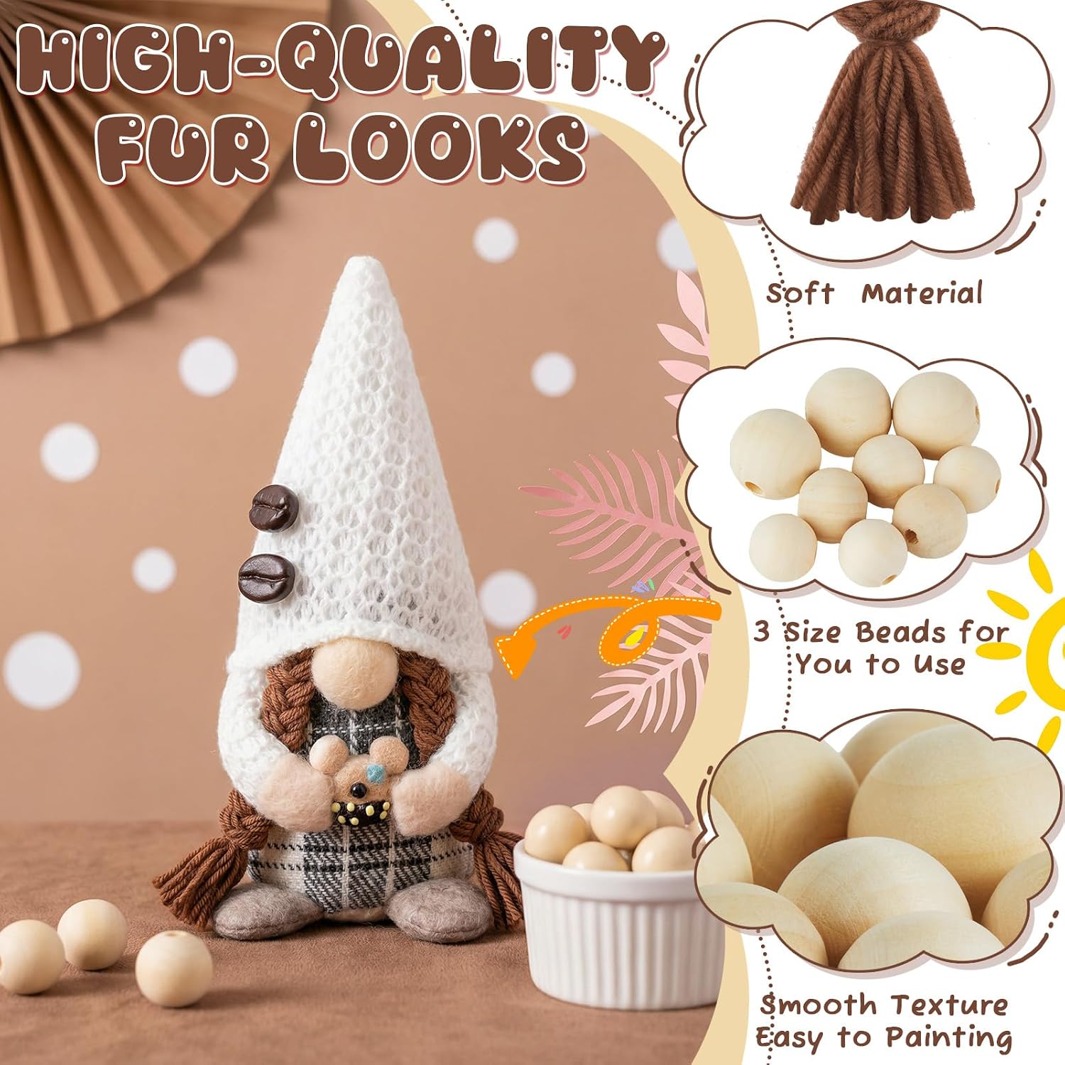 Syhood 21 Pcs Sunflower Gnome Braids for Crafting Spring Gnome Making Supplies for Craft Summer Pre Cut Dwarf Braid Beard and Small Unfinished Wooden Ball Nose Handmade Accessories