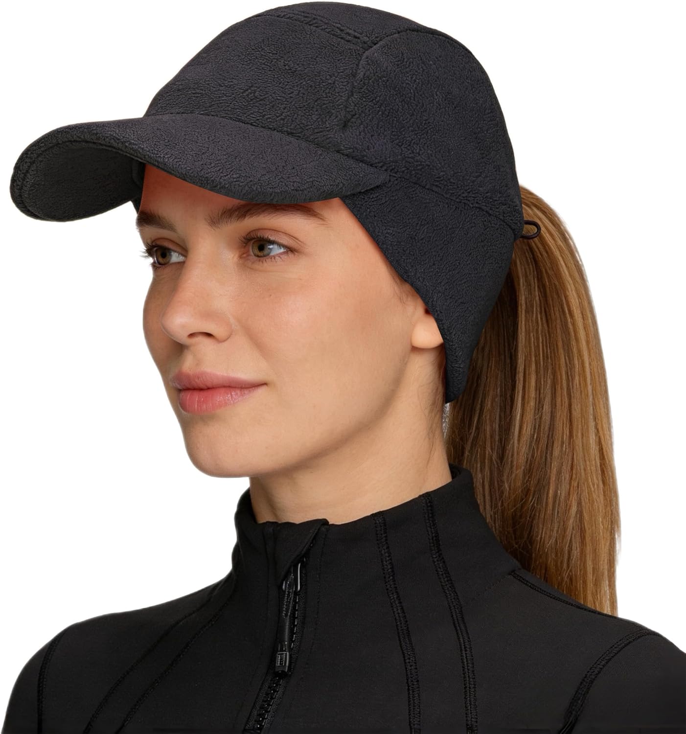 Connectyle Fleece Winter Baseball Cap with Flip Down Ear Warmer Reflective Outdoor Skull Cap for Women, Ponytail Hole Hat