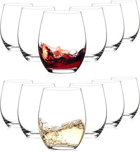 Copas de vino sin tallo, 17 onzas, juego de 12 copas sin tallo para vino tinto o blanco, cristalería sin tallo, copas de vino sin tallo, vasos para