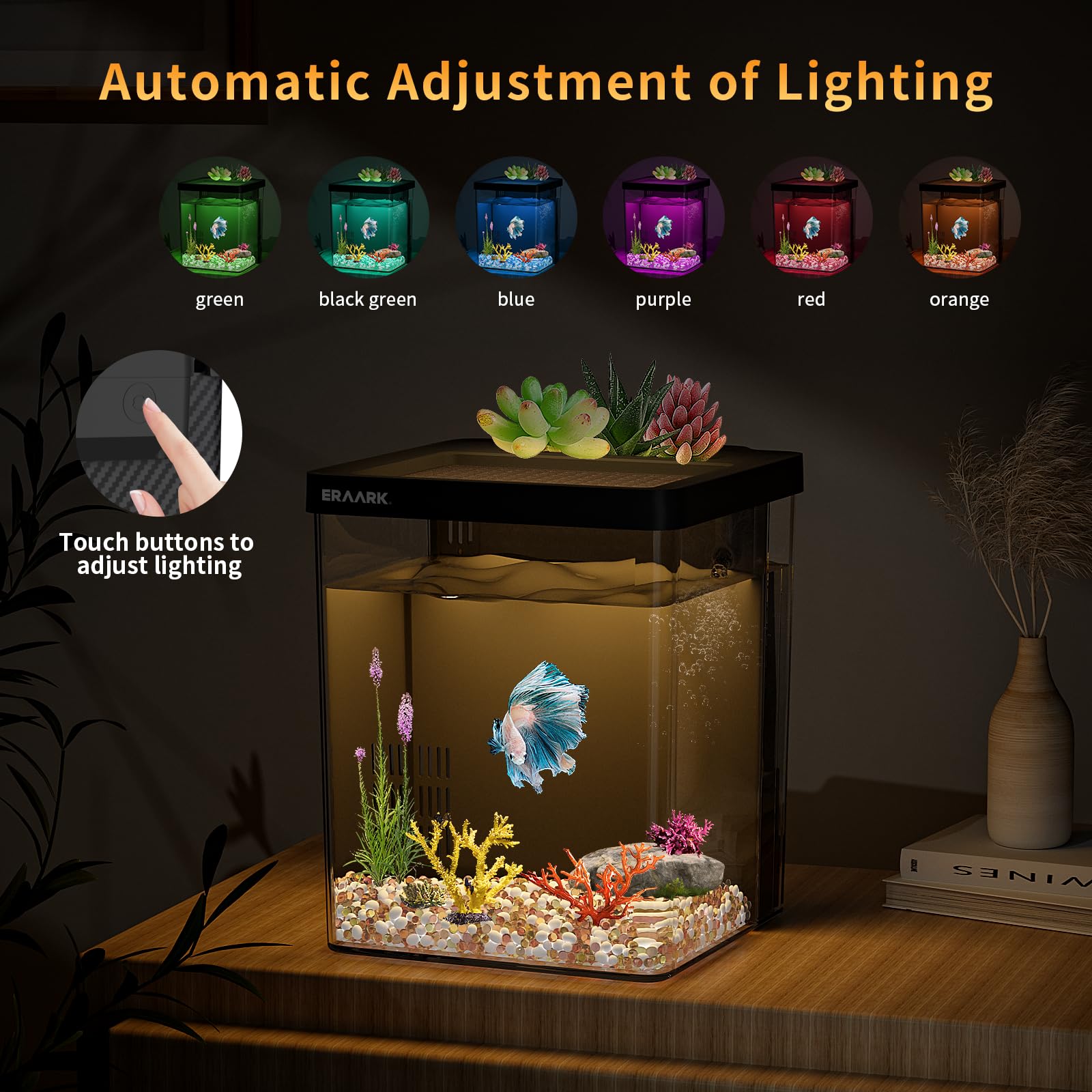 ERAARK Betta Aquarium-Set mit Filter-LED-Licht, Wasserpumpe, Starter-Kits, Fischglas, 4,8 l