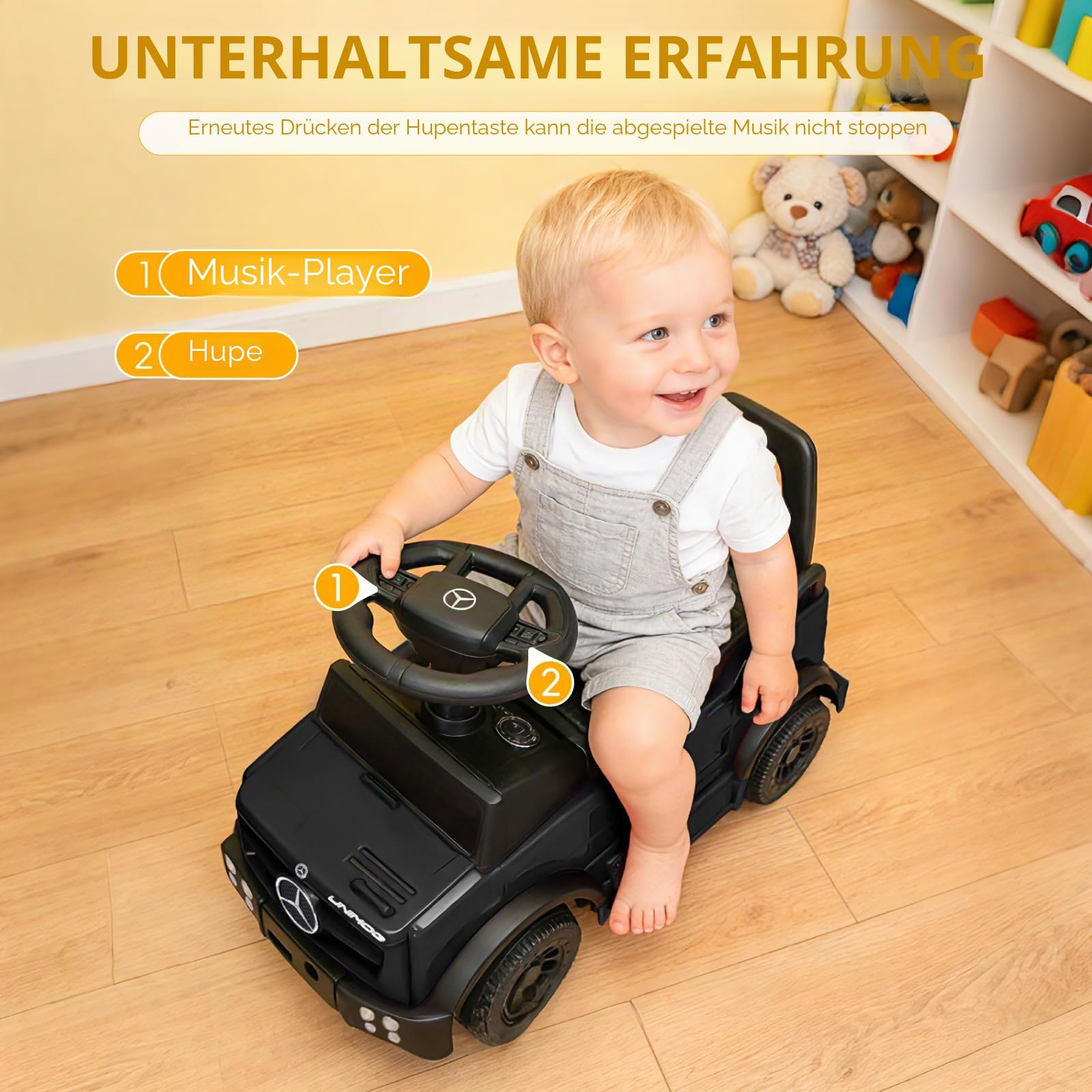 TCARAIWEN Kinder Rutschauto Mercedes-Benz Unimog Lizenz, Fuß-zu-Boden Rutscher für Kleinkinder 1-2 Jahre, Baby Rutscherauto mit Sicherheitsbügel (Schwarz)