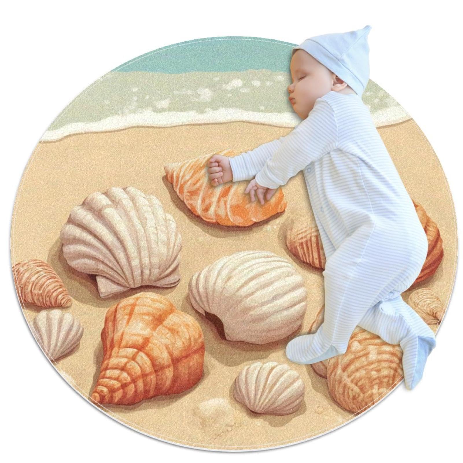 Tapis de salle de bain rond de 1m motif coquillages et sable antidérapant