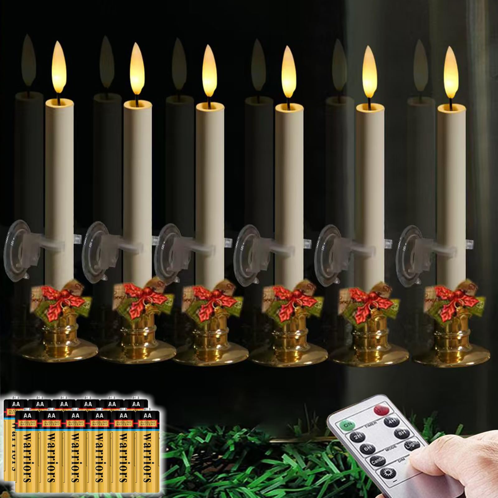 6 Pack Flameless 8.7'' Window Candles with 12 AA Batteries(Include) +6 Bows(with Bells) +6 Suction Cups+6 Golden Candleholders. Battery Powered Ivory Taper Candle with Remote and Timer