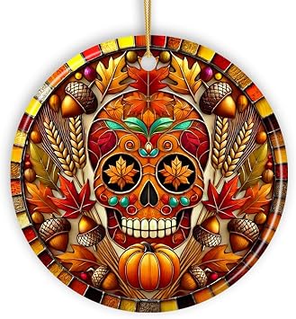 Autumn Harvest Sugar Skull Ornament, Vibrant Fall Foliage and Decor