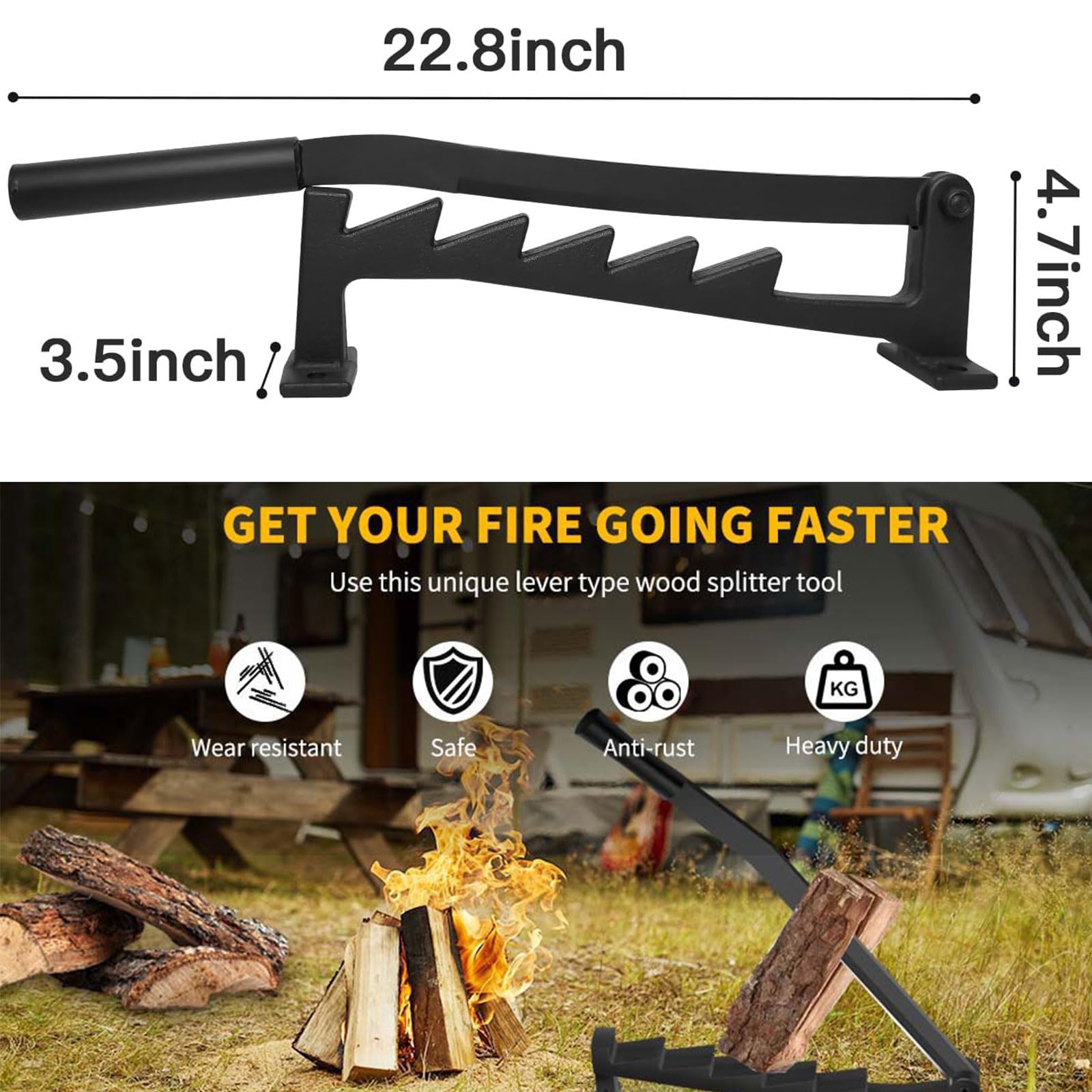 Fendeur De Bois Manuel En Acier Carbone - Portable, Design En H Ou X - Pour Bois De Chauffage, Camping, Jardin - Fixation Au Sol Possible - 13