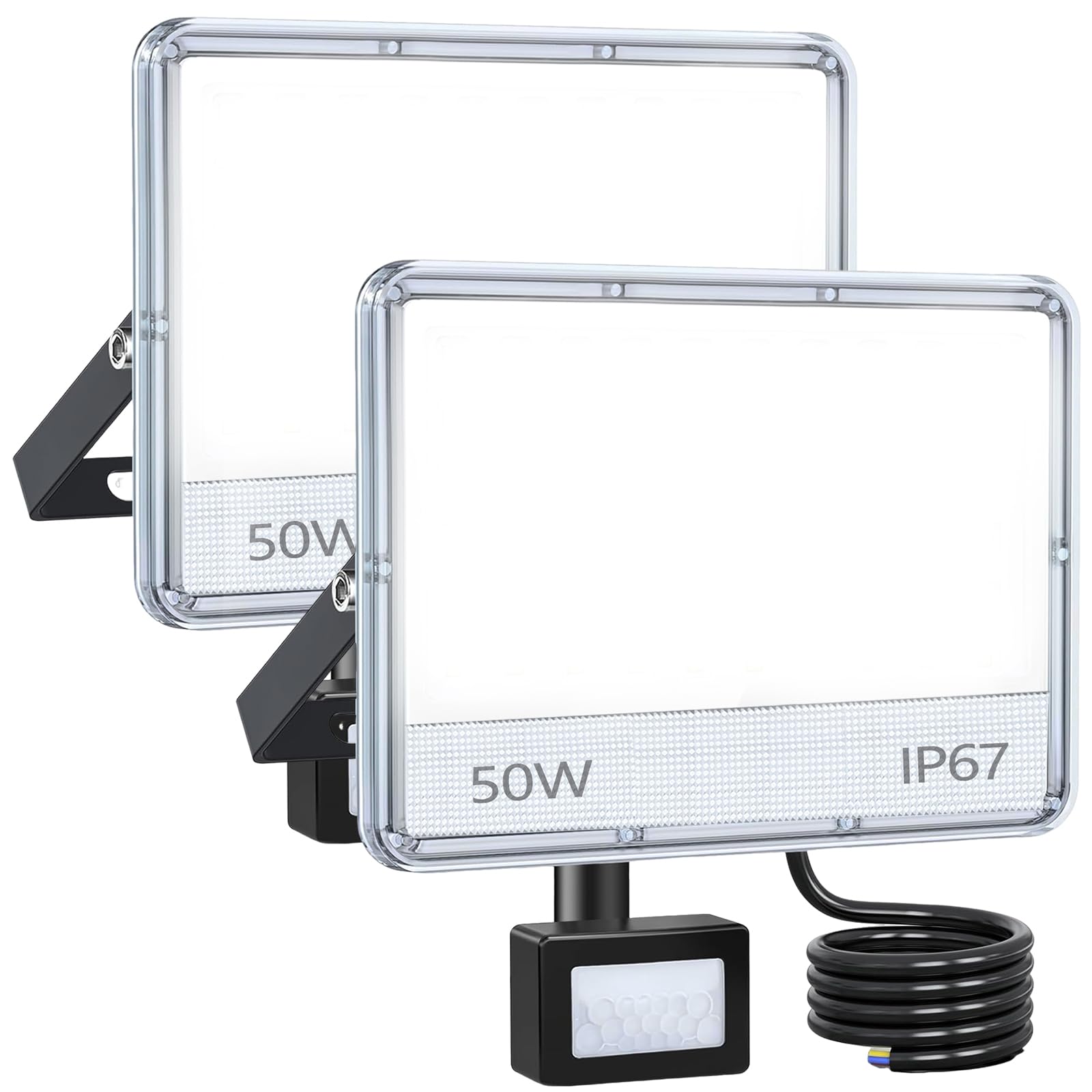 LED-Außenstrahler mit Detektor, 2 Stück, 50 W, 5000 lm, LED-Spot für den Außenbereich, mit Detektor, IP67, wasserdicht, Außenstrahler, 6500 K, Sicherheitsleuchte für Garten, Garage, Patio