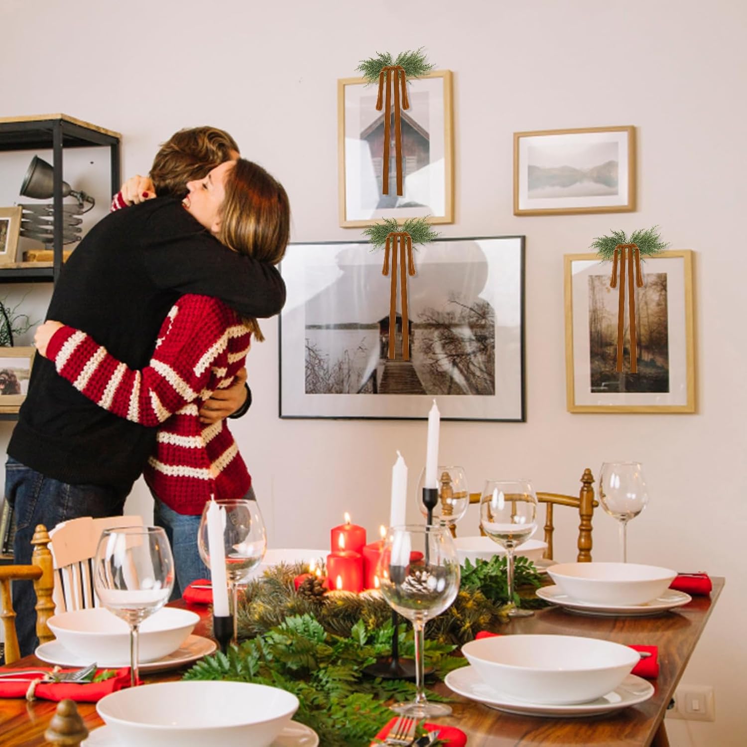 Hungdao 3 Set Christmas Bow Picture Frames Decorations Christmas Pine Branches and Bows Decor for Picture Photo Frames Holiday Xmas Home Wall Decoration (Camel)