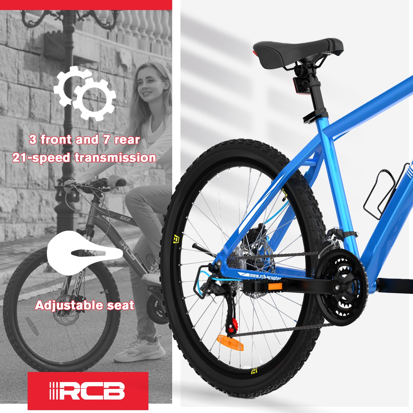RCB GK2 26" mountain bike, 21 marce, telaio in alluminio, forcella ammortizzata, freno a disco meccanico, porta bevande, ideale per il tempo libero e il fitness, adatto per ragazzi e adulti