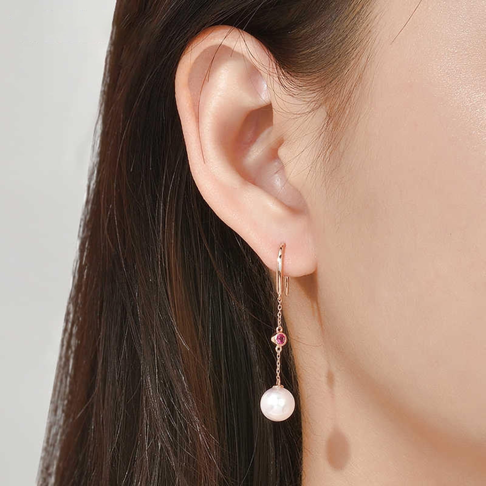 Ohrhänger Rosegold, Damenohrringe mit Anhänger aus Rubin und Perle, 7,5–8 mm