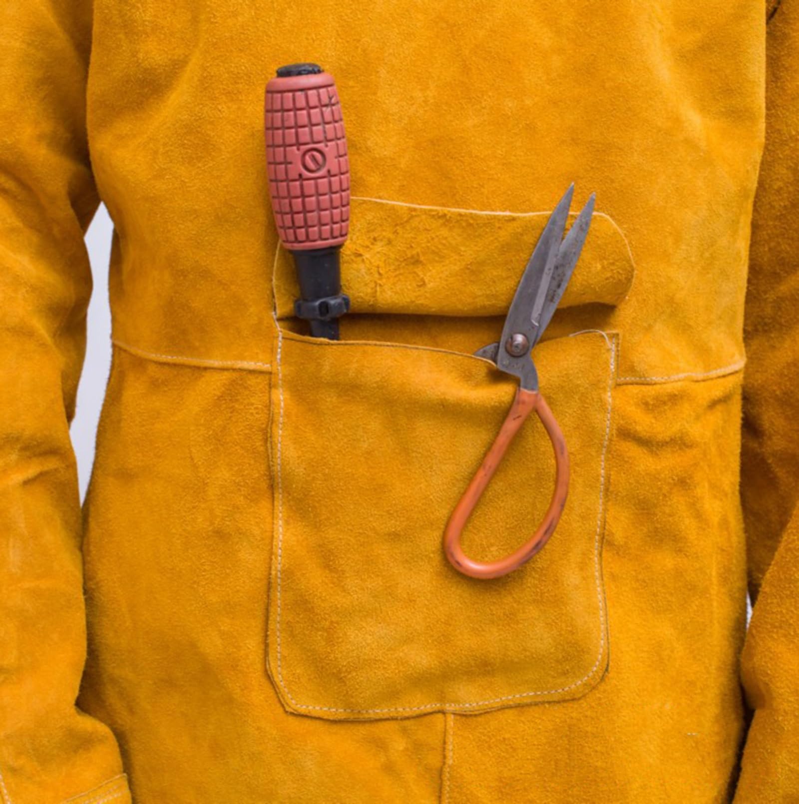 Grembiule da Lavoro per Saldatura in Pelle per Adulti con Manica Giacca di Saldatura Resistente, Pelle di Vacchetta Spaccata Aperta Sul Retro Lavorazione del Legno, Garage