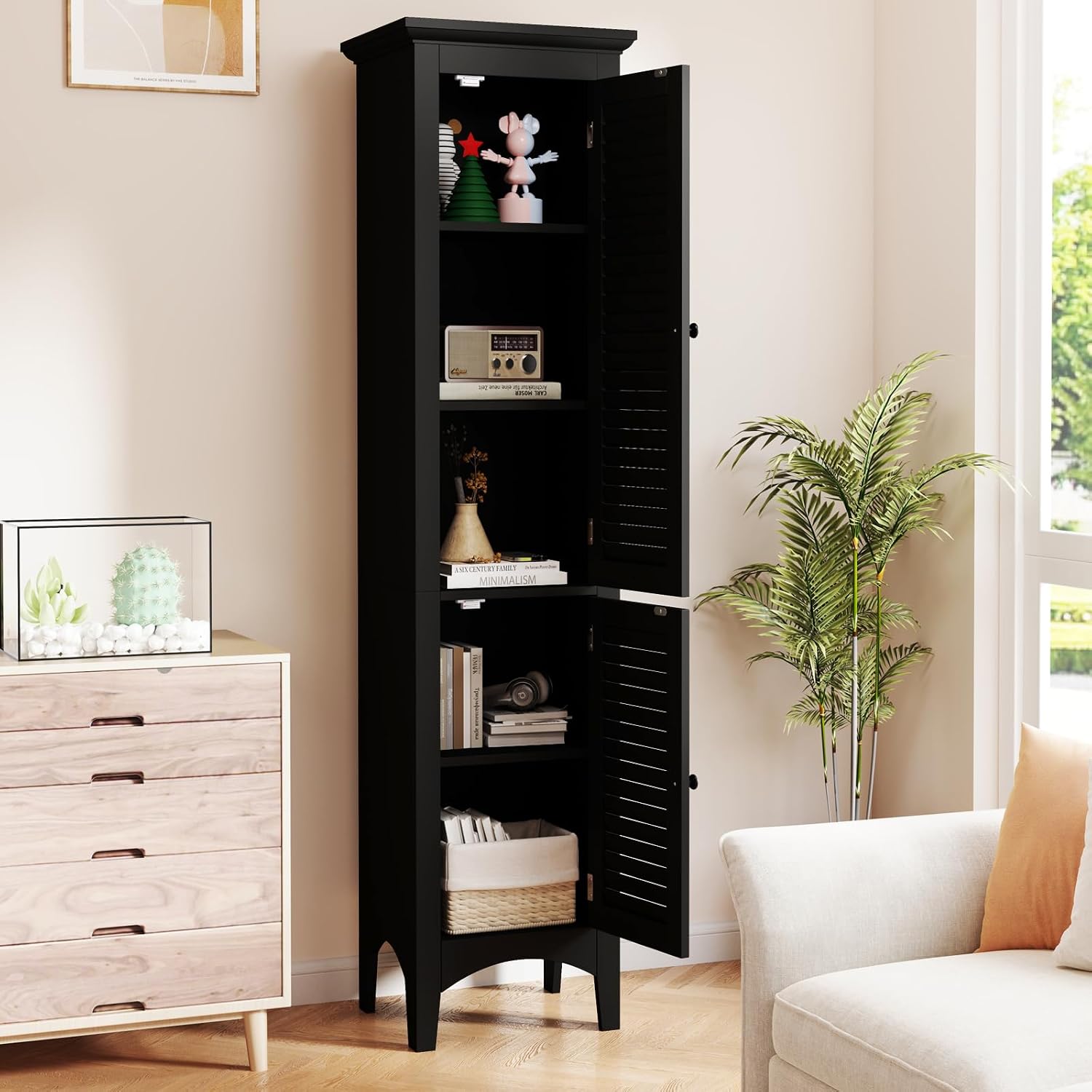 LOKO 63" Tall Bathroom Floor Cabinet, Multifunctional Storage Cabinet with Doors, Narrow Slim Linen Tower for Bathroom, Laundry Room, Living Room or Kitchen (Black)
