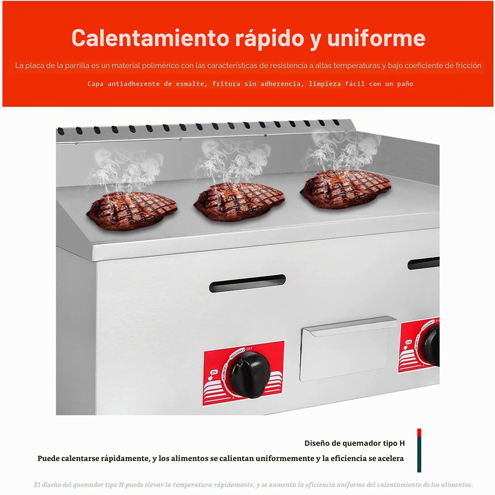 Plancha de gas de acero inoxidable de alta resistencia, con quemadores antiadherentes grandes y placa plana, ideal para asar y hornear alimentos de manera eficiente.(718)