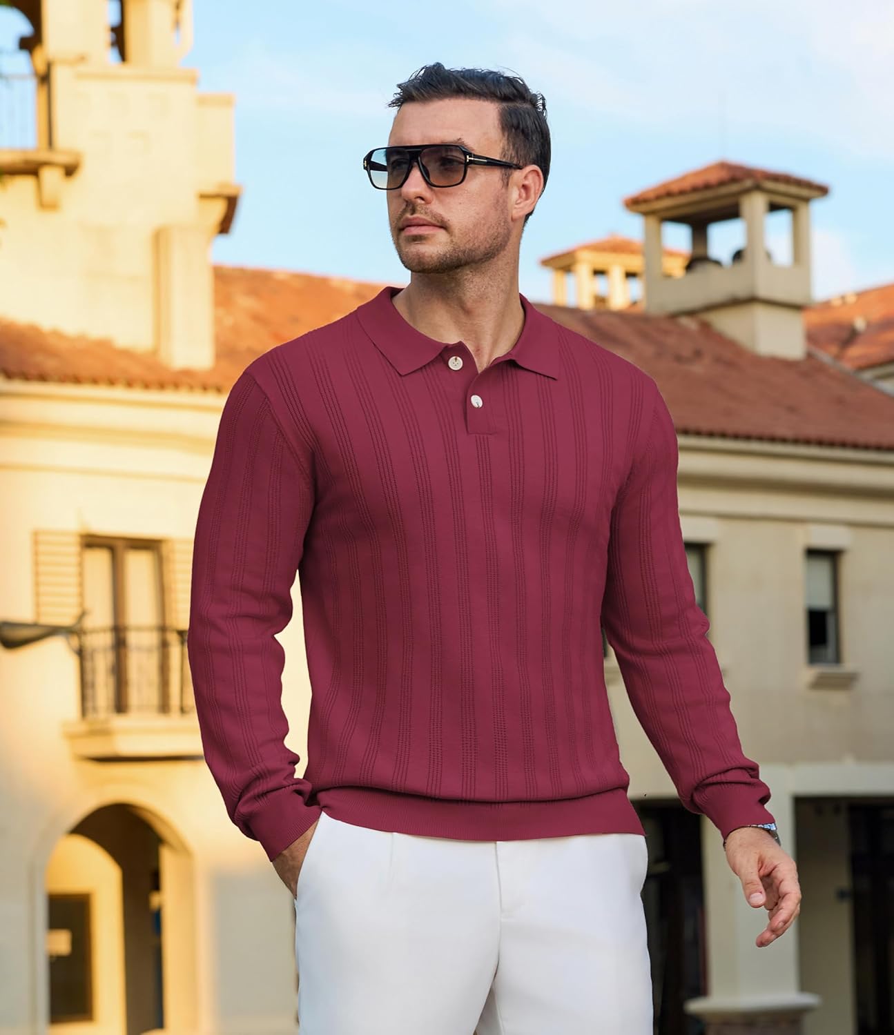 Mens Knit Polo Shirt Regualr Fit Lightweight Soft Casual Long Sleeve Striped Golf Polo Shirts - Image 5