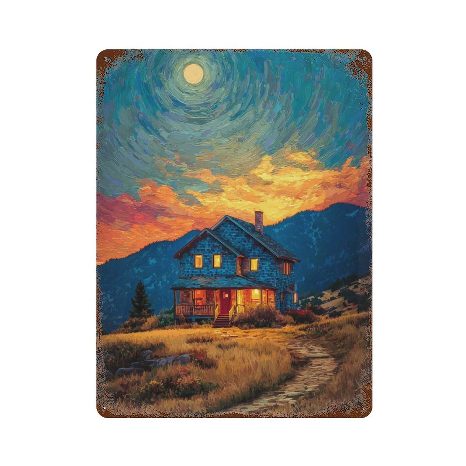 Cozy Cabin Under Moonlight 15.7"x11.8" Decorative Tin Sign, Farmhouse Wall Decor for Farmhouse, Kitchen And Entryway Decor