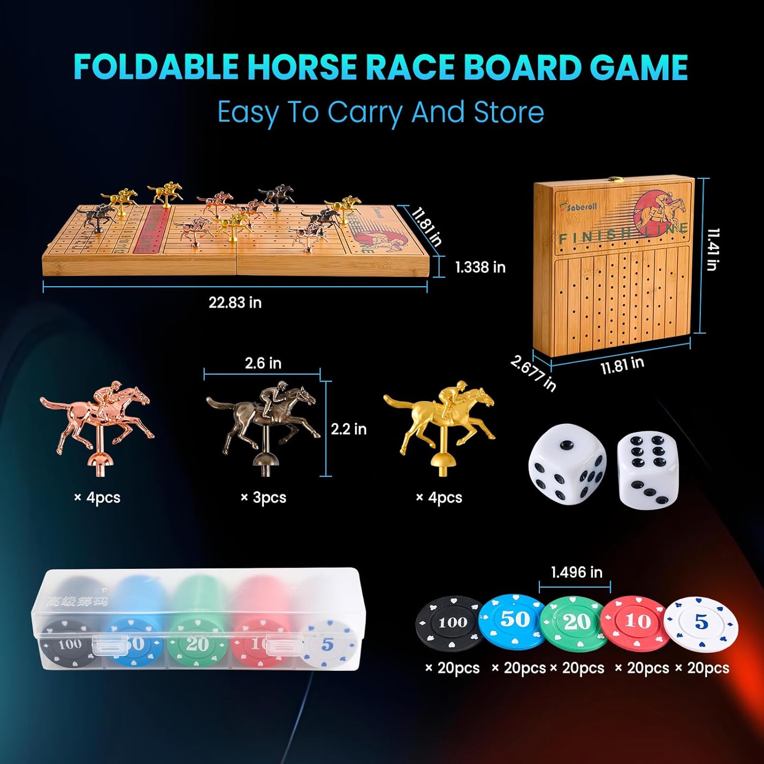 Large 23 inches Bamboo Horse Racing Board Game Foldable Horse Race Board Game with 11 Metal Horses 2 Dice 2 Decks of Cards and 100PCS Chips