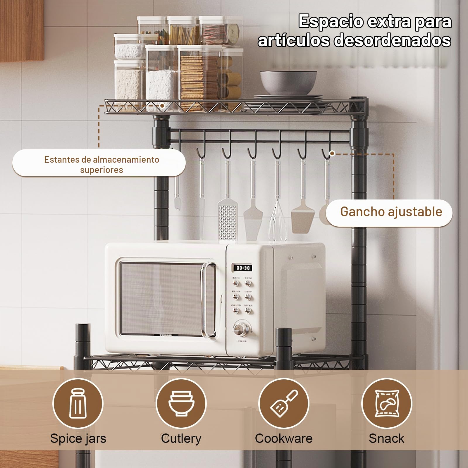 Estantería para Mini Nevera de 2 Niveles con 7 Ganchos | Metálica Ajustable, para Cocina, Baño, Dormitorio o Lavandería, Negro, 60 × 40 × 145,5 cm