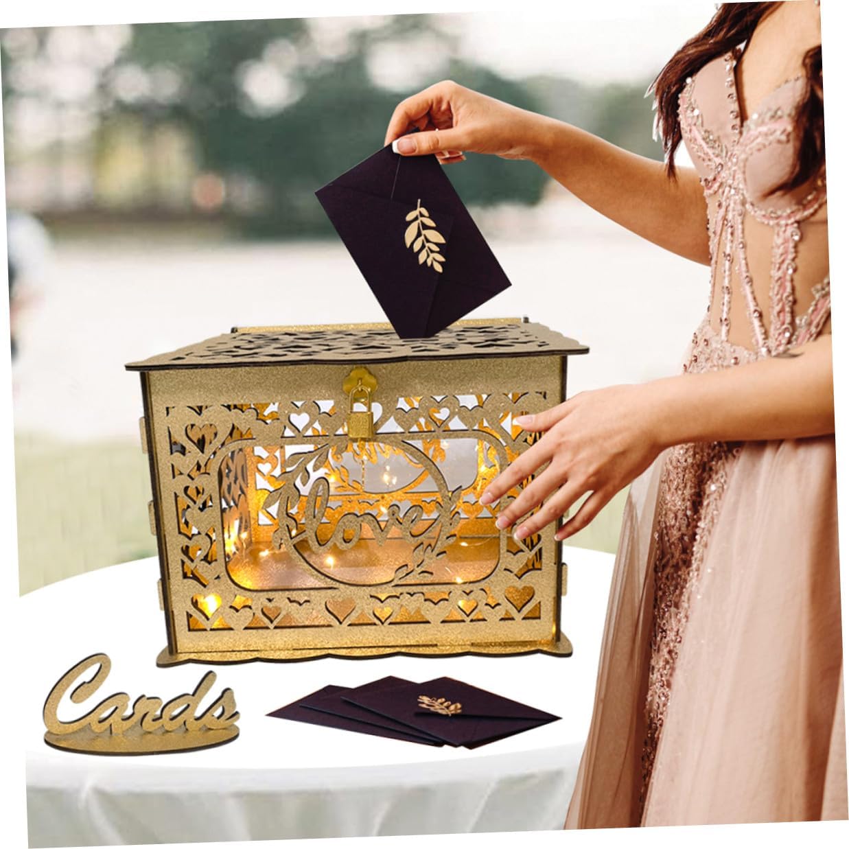 VICASKY Wooden Hollow Card Box with Glitter Finish Wedding and Anniversary Card Holder for Party and Event Use