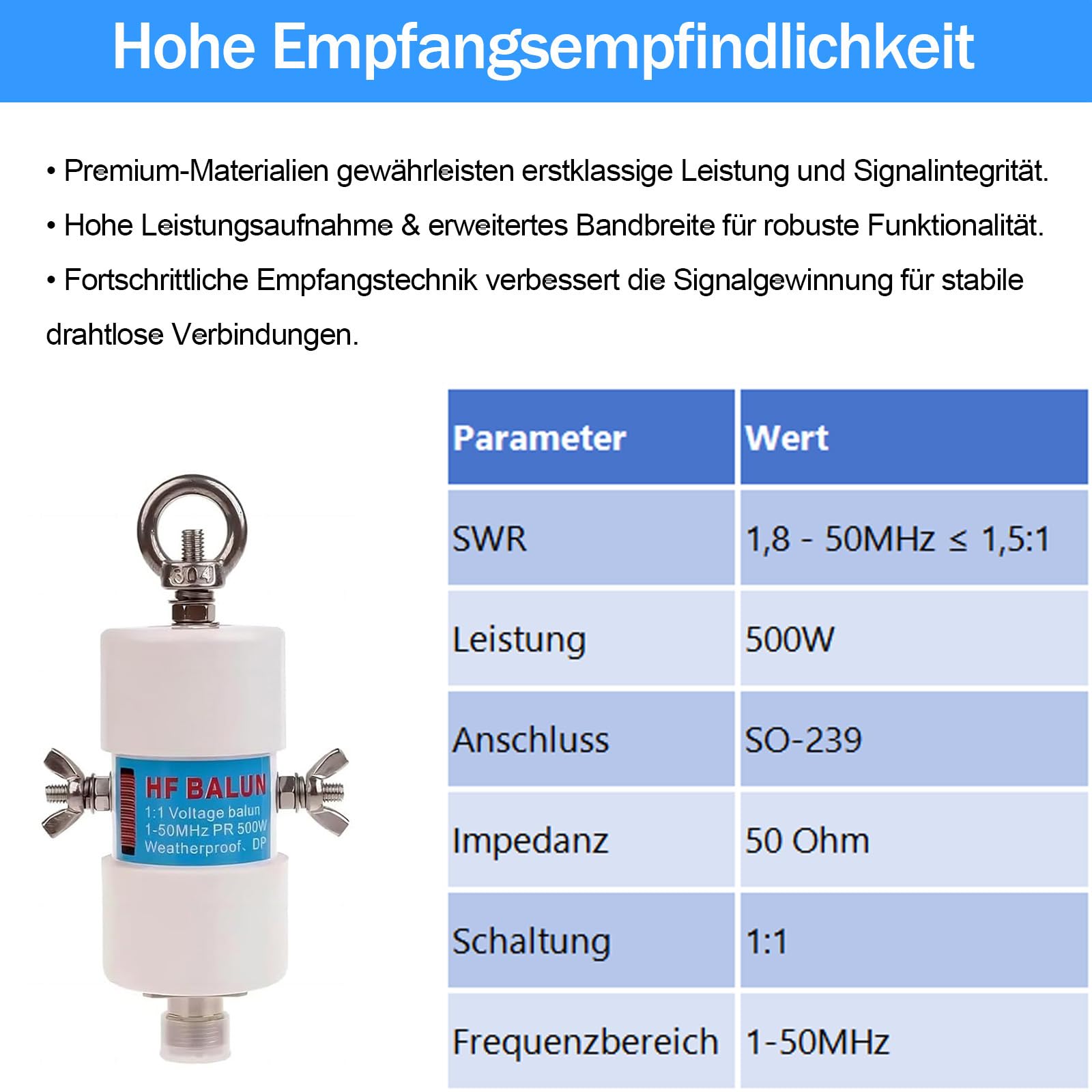 AURSINC Kurzwellenradio-Balun-Antenne 1:1-Balun, Frequenzbereich 1–50 MHz, 500 Watt Amateurfunkanenne mit UHF-Female-Stecker (SO-239) (DIY-wasserdichte Antenne)