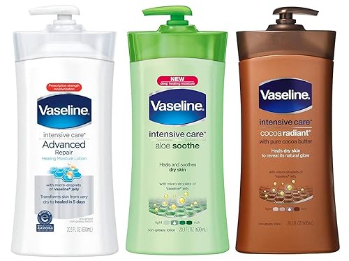 Vaseline Lotion Intensive Care - Paquete variado de 203 onzas reparación avanzada sin perfume aloe calma cacao radiante