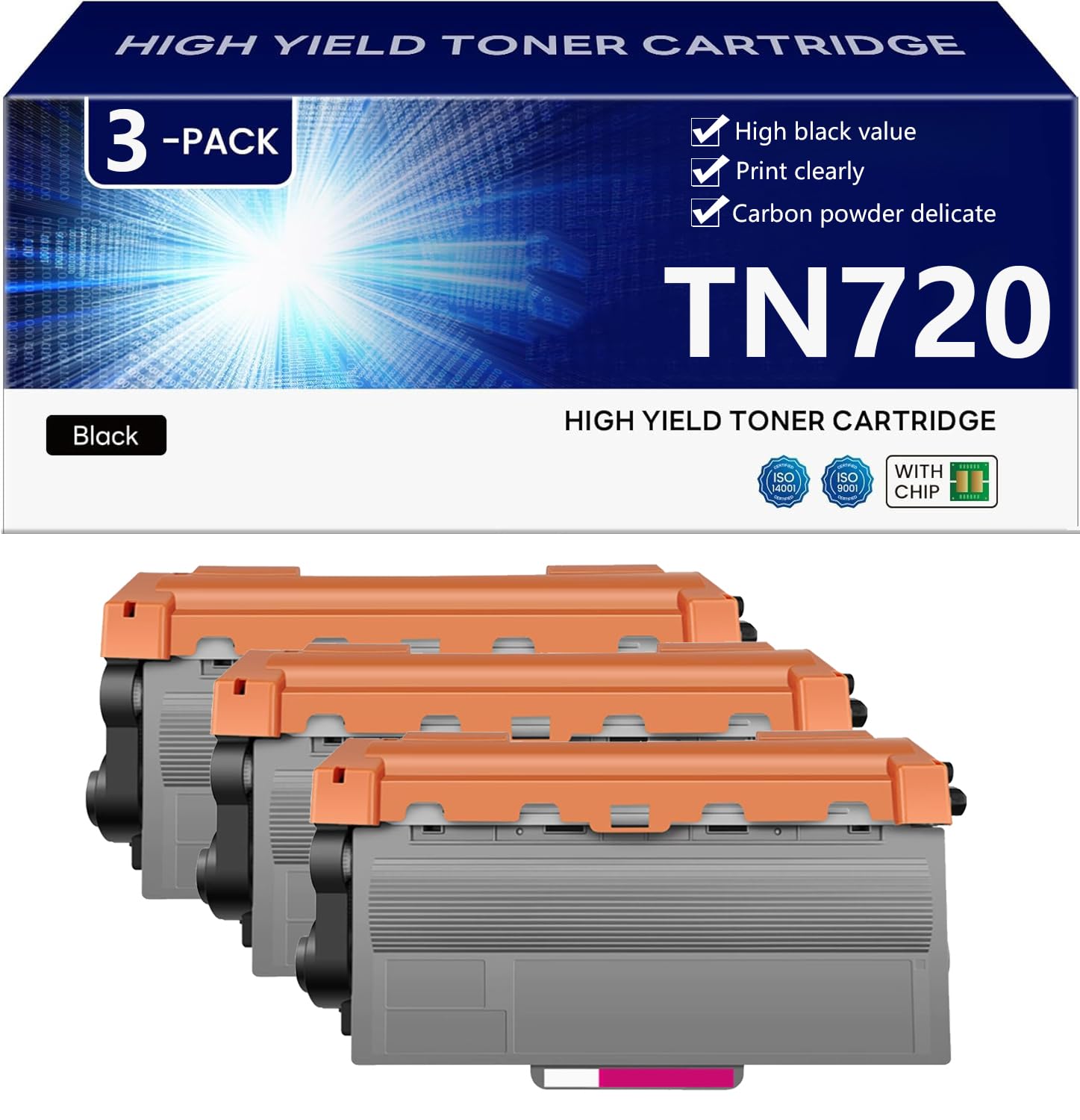TN720 Cartuccia Toner di Ricambio Compatibile per BrotherHL-5440D 5450DN 5470DW 5470DWT 6180DW 6180DWT MFC-8510DN 8515DN 8520DN Stampanti, Elevata Resa 3000 Pagine, Facile da Installare,Black-3 pack