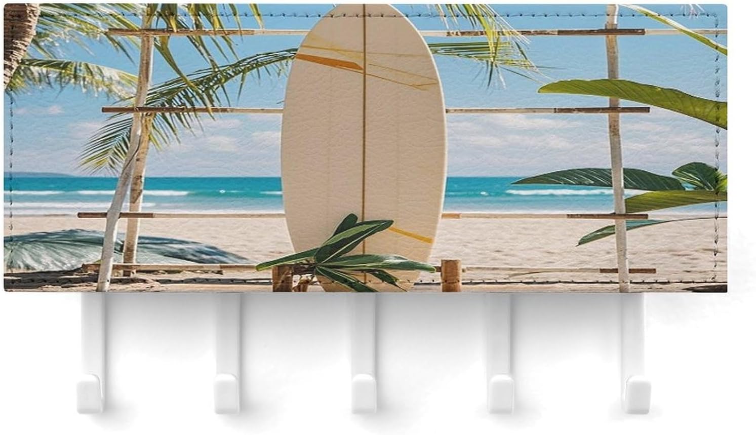 Surfboard on Wooden Key Holder Wall Mount with Mail Organizer Fashion Adhesive Key Hanger with 5 Hooks No Drill PU Leather Key Organizer Rack for Entryway Kitchen Hallway Decor