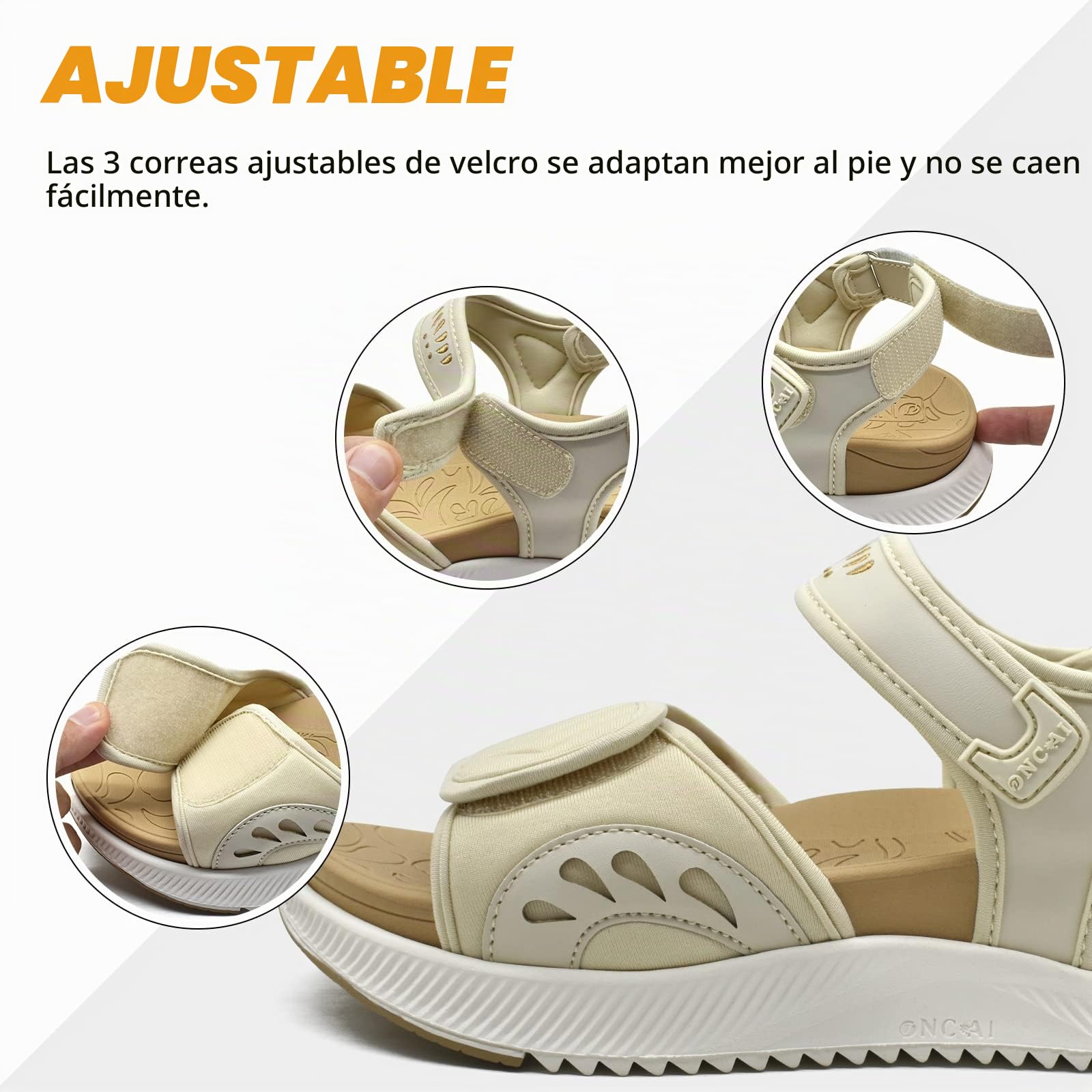 ONCAI Sandalias Mujer Caminar 2025,Arco Soporte Senderismo Sandalias con Ortopédica Plantilla para Fascitis Plantar,Deportivas Plataforma Slides Mujer con 3 Ajustables Correas,Beige/Blanco Tamaño 39