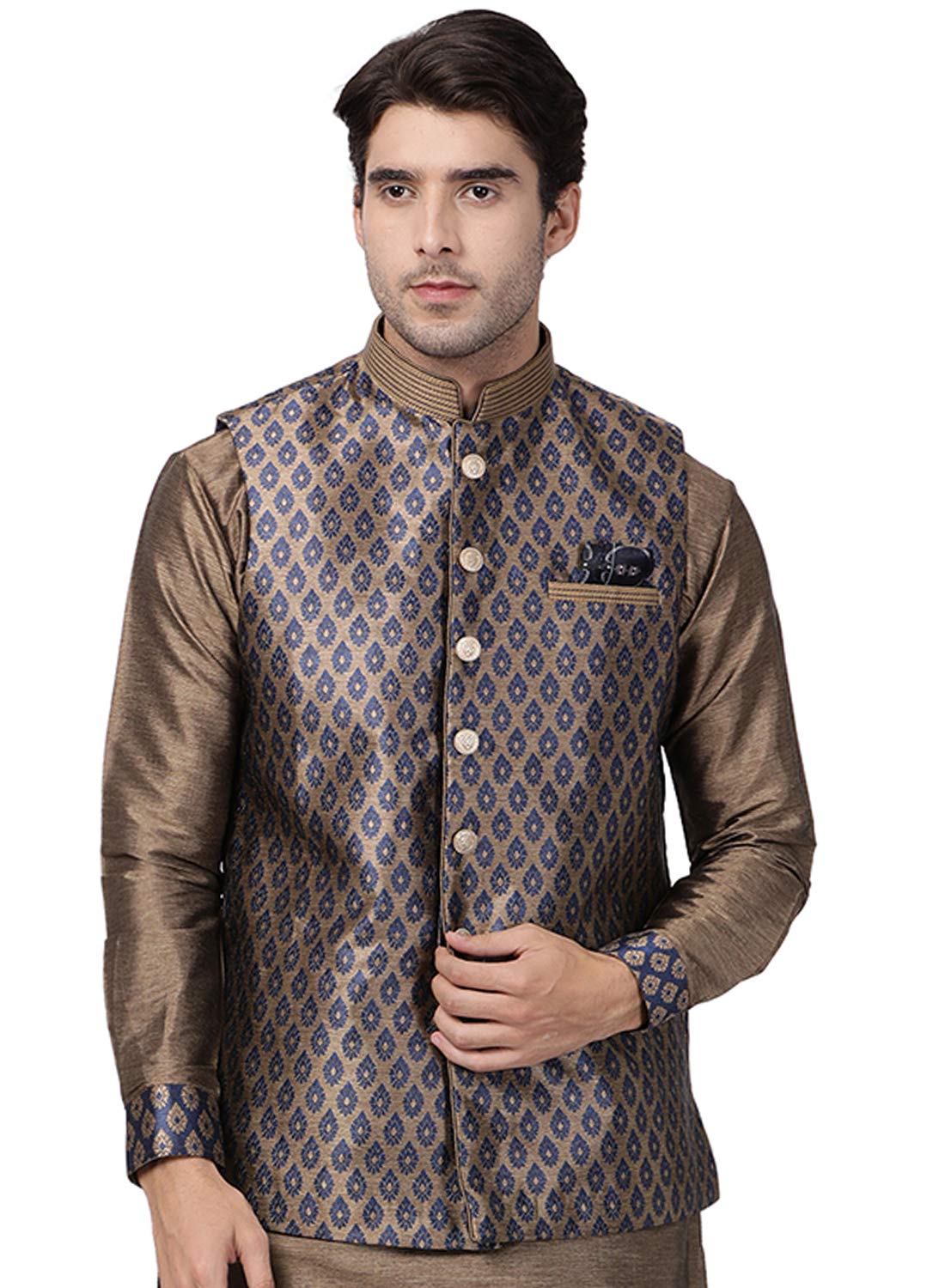vm Men Men's Dark Blue Silk Blend Nehru Jacket-picture-13