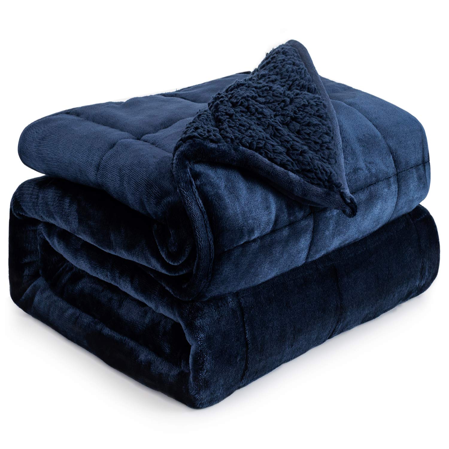 Cottonblue Fleece Weighted Blanket 15lbs for Adults Teens Twin Size 48x72in | Cozy Soft Sherpa Flannel Weighted Blankets Throw for Sleep Calm Relax, Warm Fuzzy Navy Blue Fur Heavy Blanket for Bed Couch