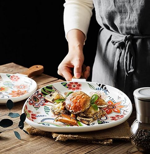 Miniatura 3 de Plato colorido con mango de madera, plato de cerámica de estilo nórdico para ensalada de bistec, pasta, platos de porcelana de forma irregular,