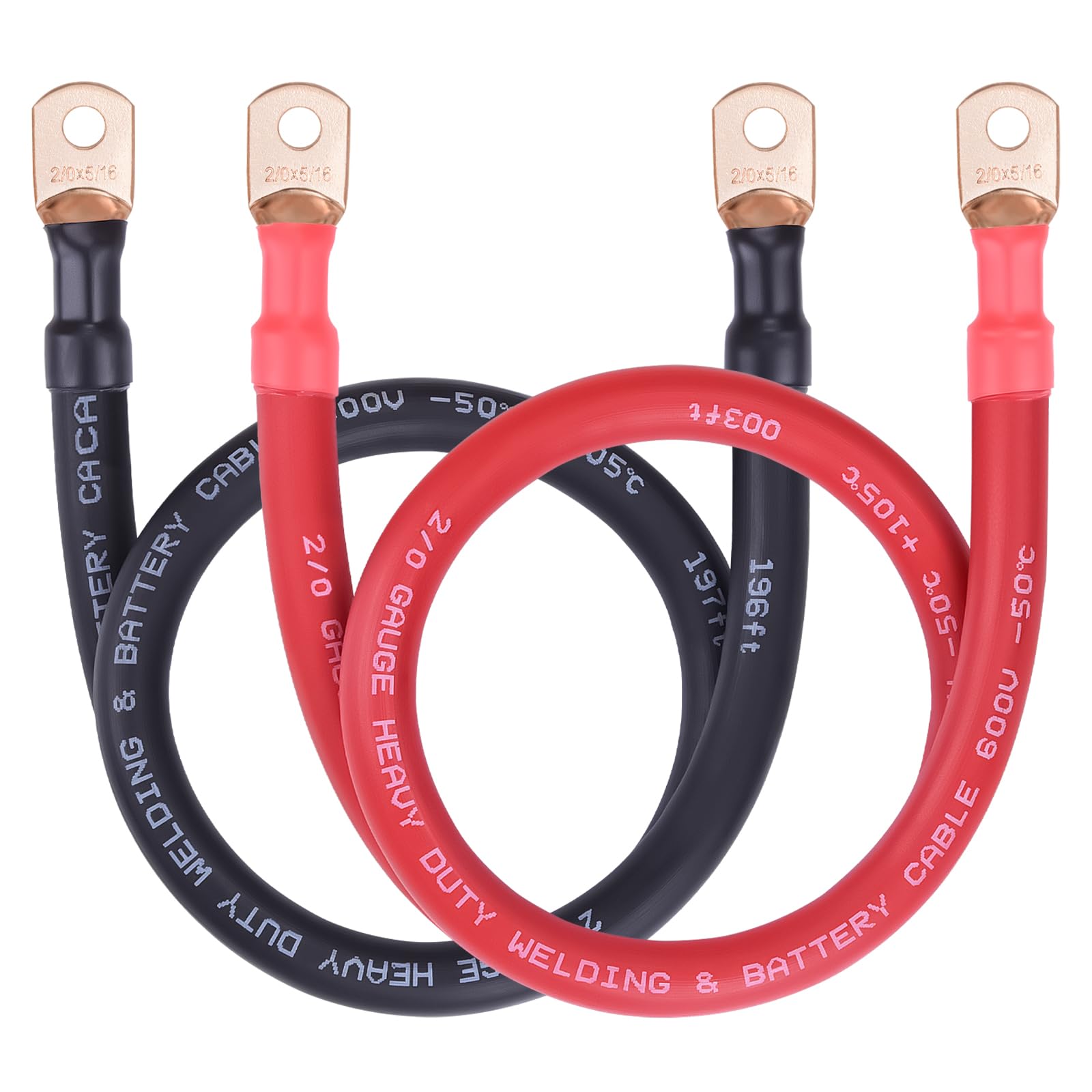 iGreely 2/0 Gauge Battery Cable with 5/16"" Terminals, Heavy Duty Pure Copper Welding Inverter Cables for Automotive Car RV Solar Marine Truck (Red + Black 2FT Pair)