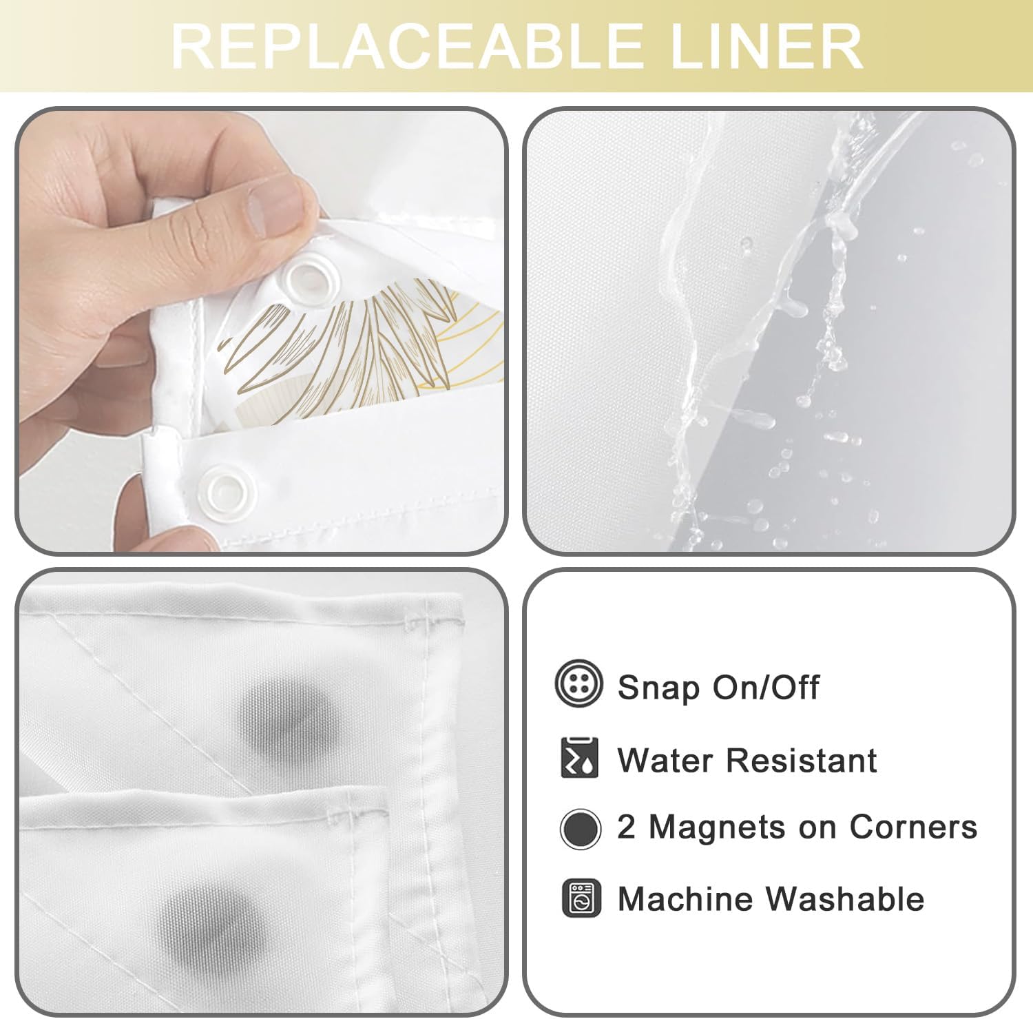 No Hook Shower Curtain with Snap in Liner, Tropical Leaf Shower Curtains and Liner Set for Bathroom, Monstera Palm Leaves Floral Fabric Bath Curtain, Waterproof Washable, Gold 71" x 74"
