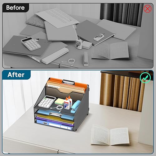 Miniatura 6 de Organizador de archivos de escritorio, organizador de papel con 4 bandejas de letras y 2 secciones verticales verticales, organizadores de