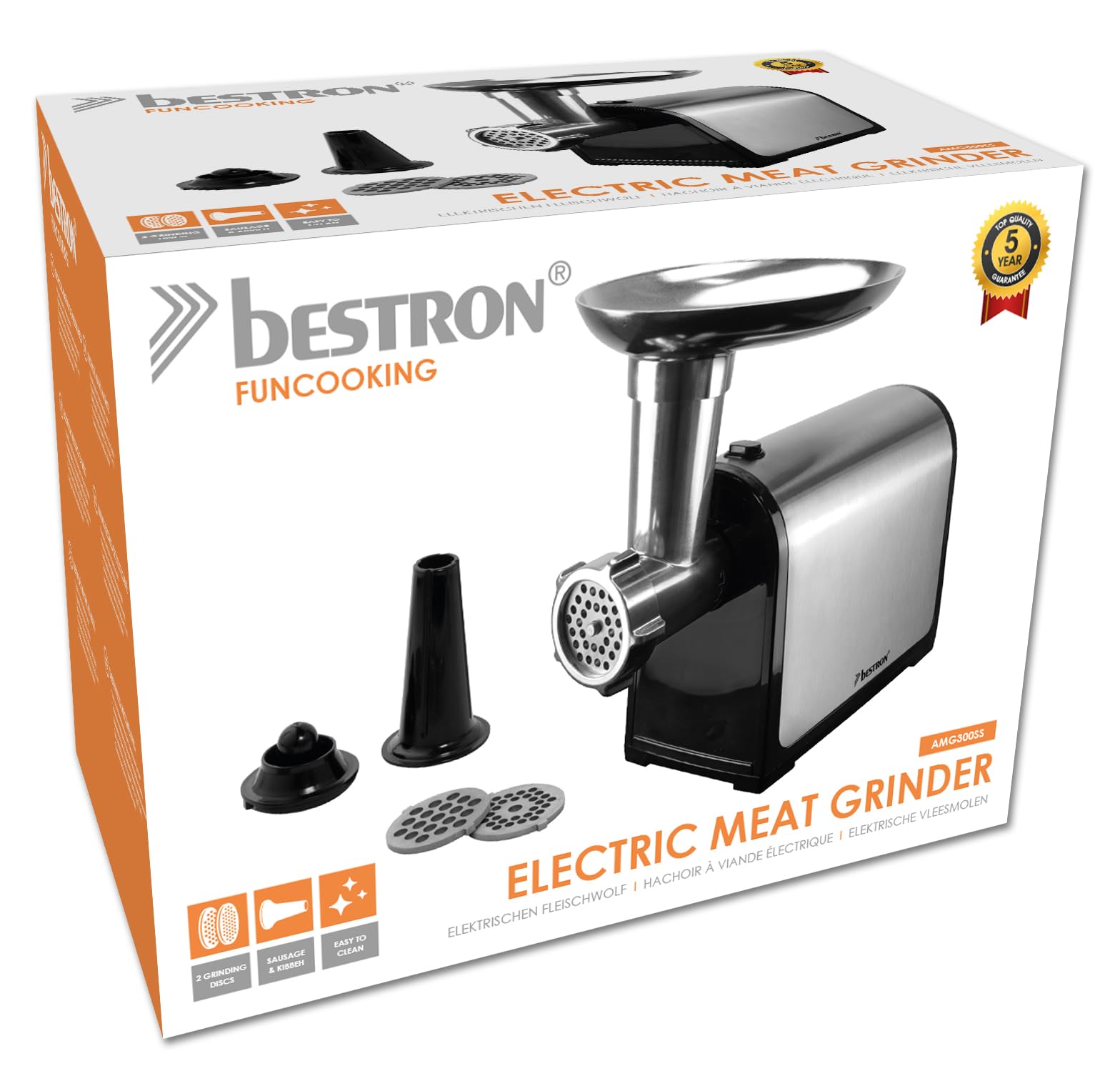 Picadora de Carne, 1300 W Max, 2 Discos de Acero Inoxidable, Molido Medio o Grueso, Para Carne Picada, Salchichas y Kubbe, Piezas Desmontables, AMG300SS