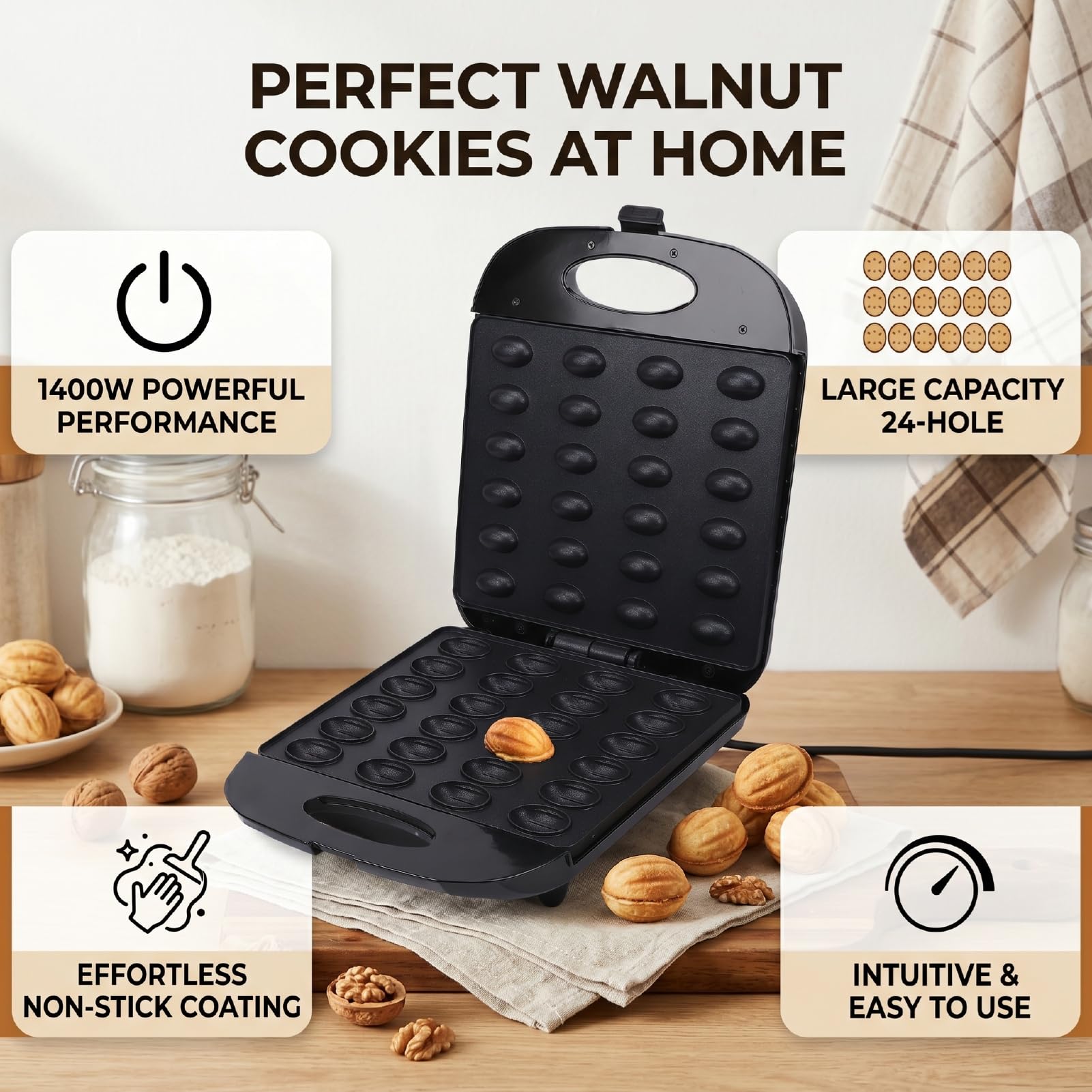 RIZGHWOY Macchina per la Colazione, Macchina per Biscotti Alle Noci e Noci a Doppia Faccia Antiaderente da 1400 W Ad Alta Efficienza a 24 Fori per Uso Domestico per la Colazione (Spina europea 220 V)