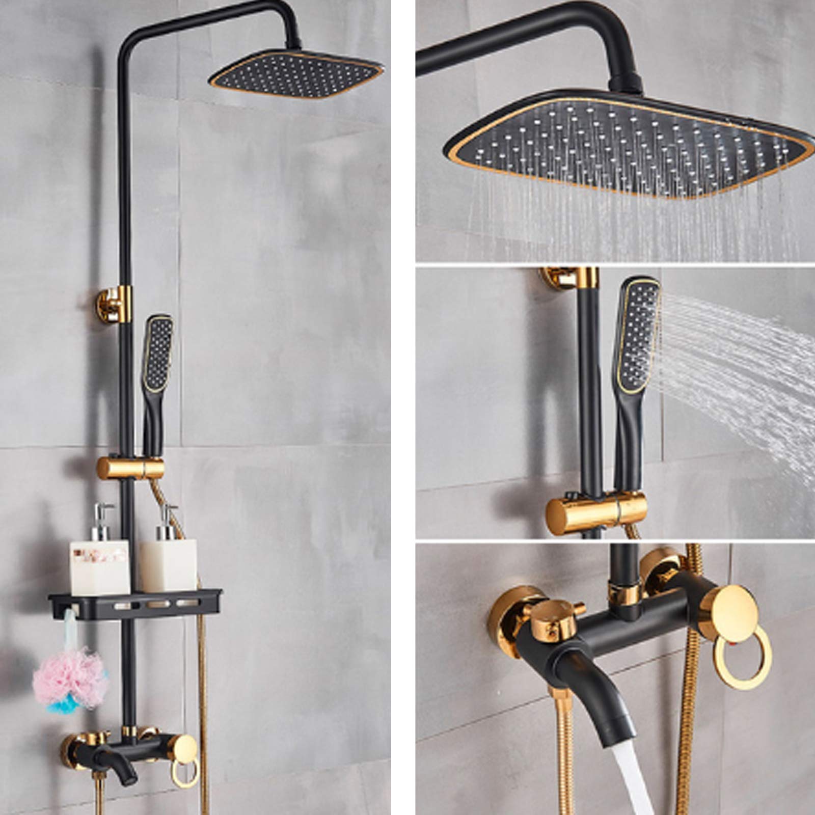 Sistemas de ducha, juegos de ducha, con estante pequeño, accesorios Rainshower, ducha de mano con disco (negro), ducha suave, características de ahorro de agua (negro + dorado)