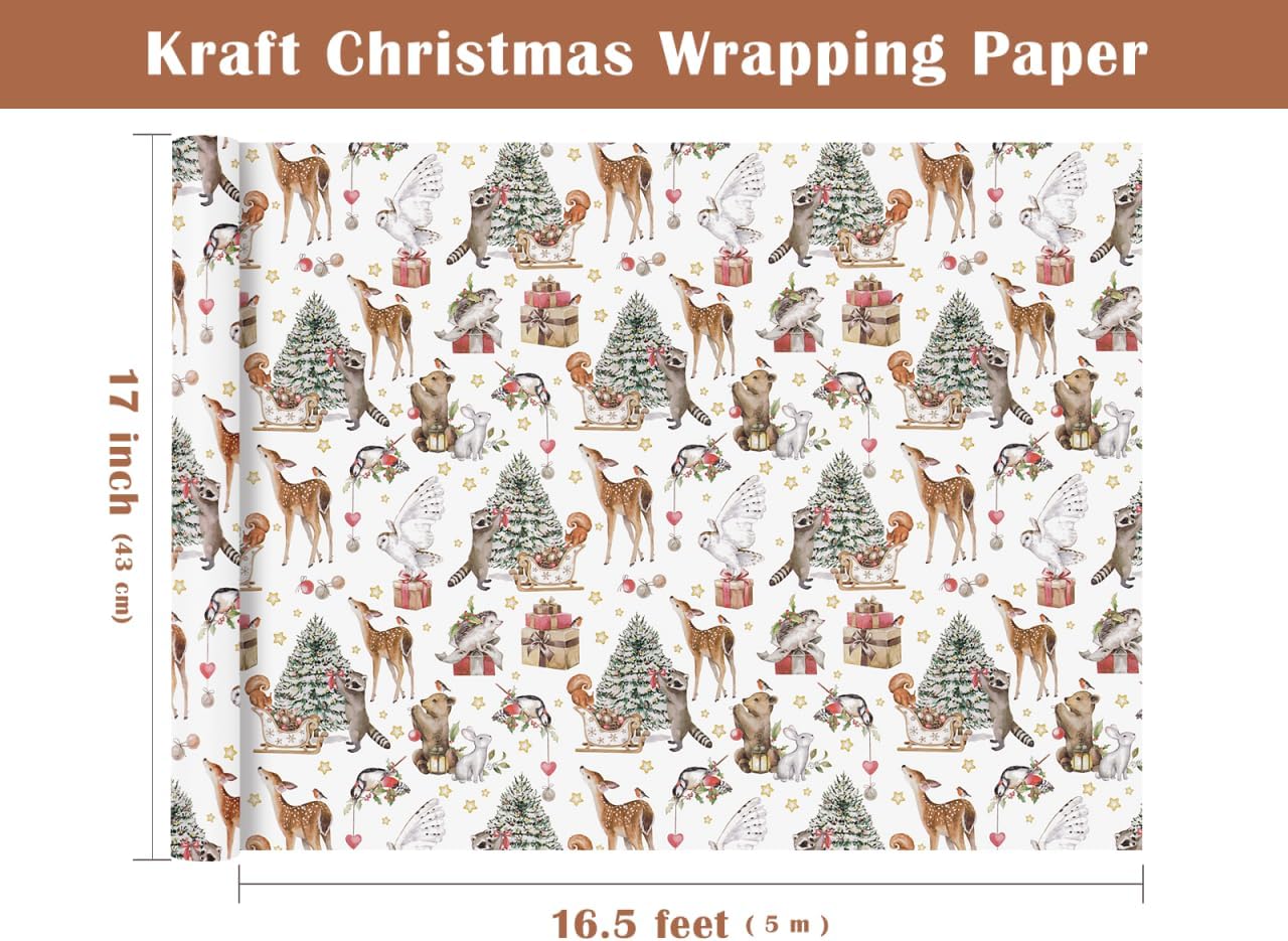 WRAPAHOLIC Kraft Woodland Christmas Wrapping Paper - Mini Roll - 17 Inch x 16.5 Feet - White Woodland Forest Animal Wrapping Paper for Christmas Holiday, Party Celebration (Pack of 2)